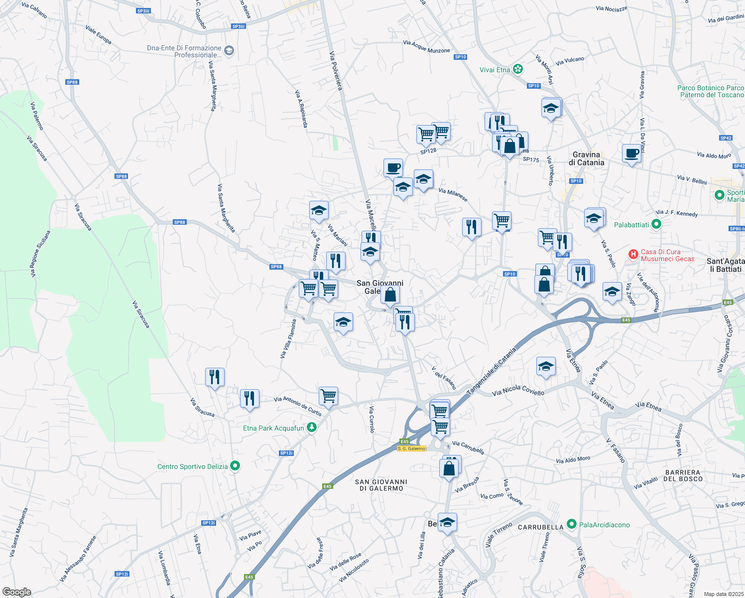 map of restaurants, bars, coffee shops, grocery stores, and more near 42 Via Immacolata in Catania