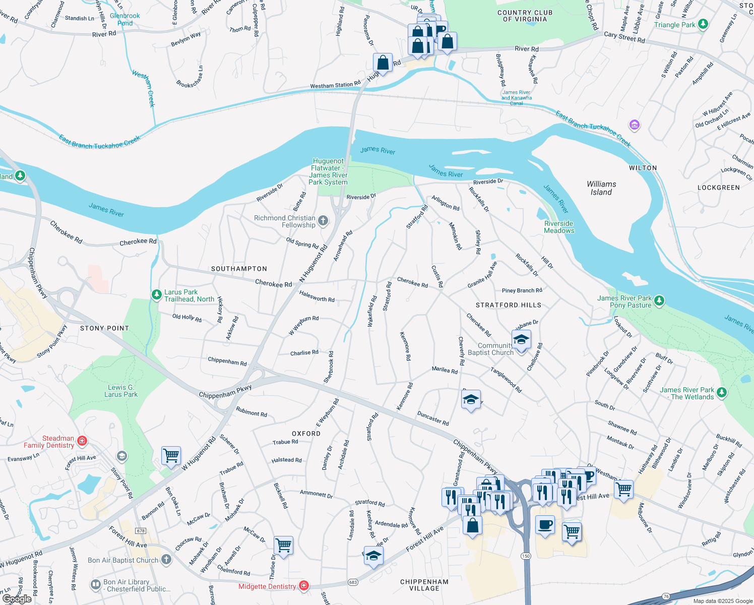 map of restaurants, bars, coffee shops, grocery stores, and more near 4035 Wakefield Road in Richmond