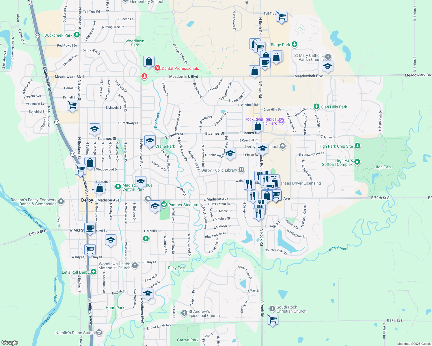 map of restaurants, bars, coffee shops, grocery stores, and more near 1498 Hickory Branch in Derby