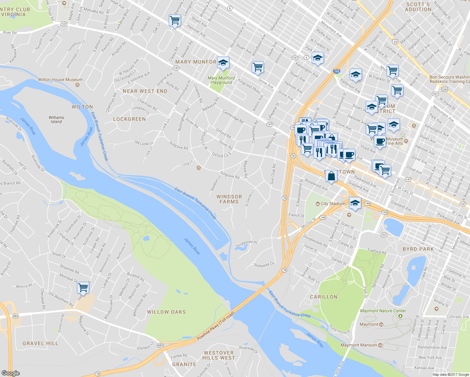 map of restaurants, bars, coffee shops, grocery stores, and more near 305 Clovelly Road in Richmond