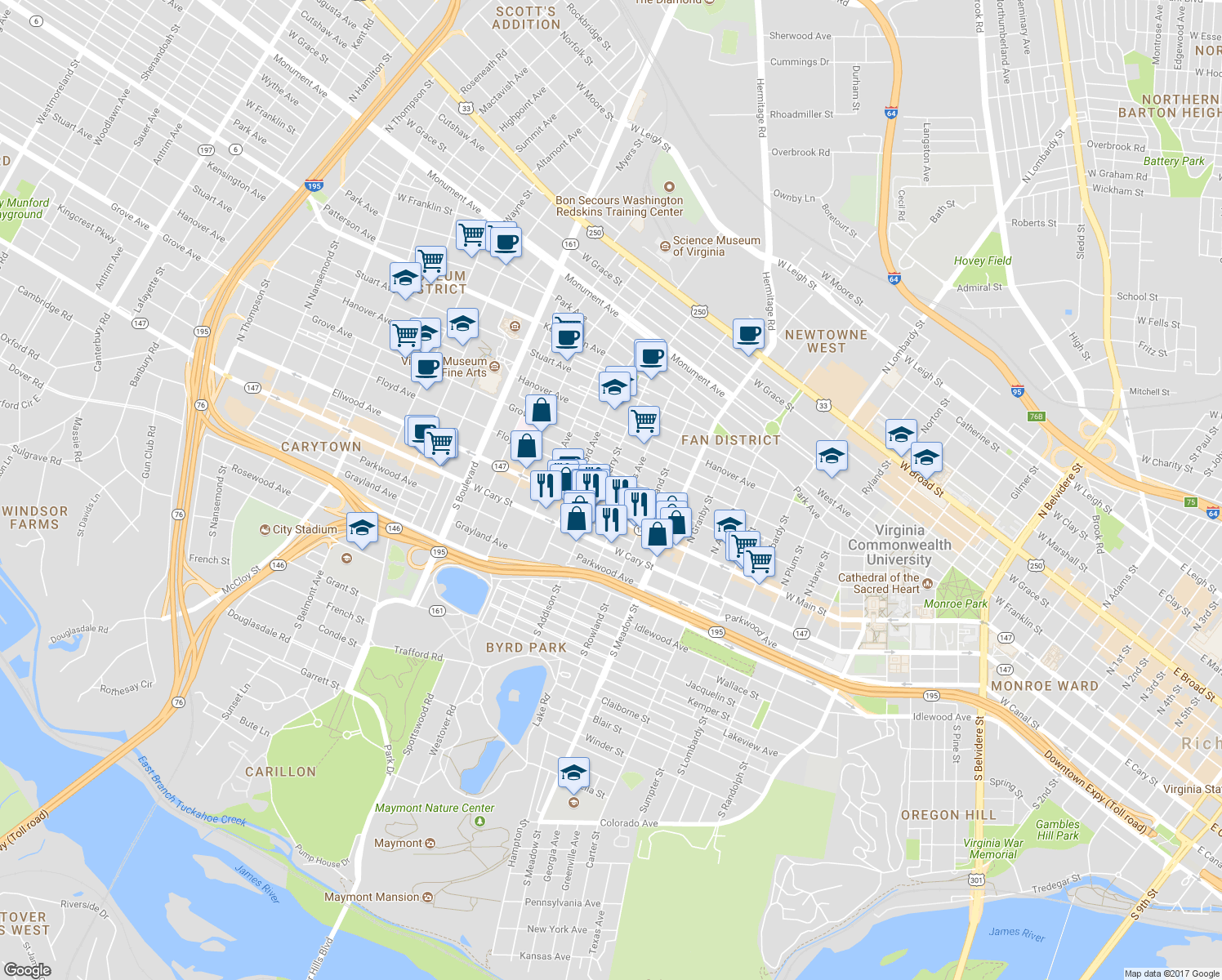 map of restaurants, bars, coffee shops, grocery stores, and more near 2221 Floyd Avenue in Richmond