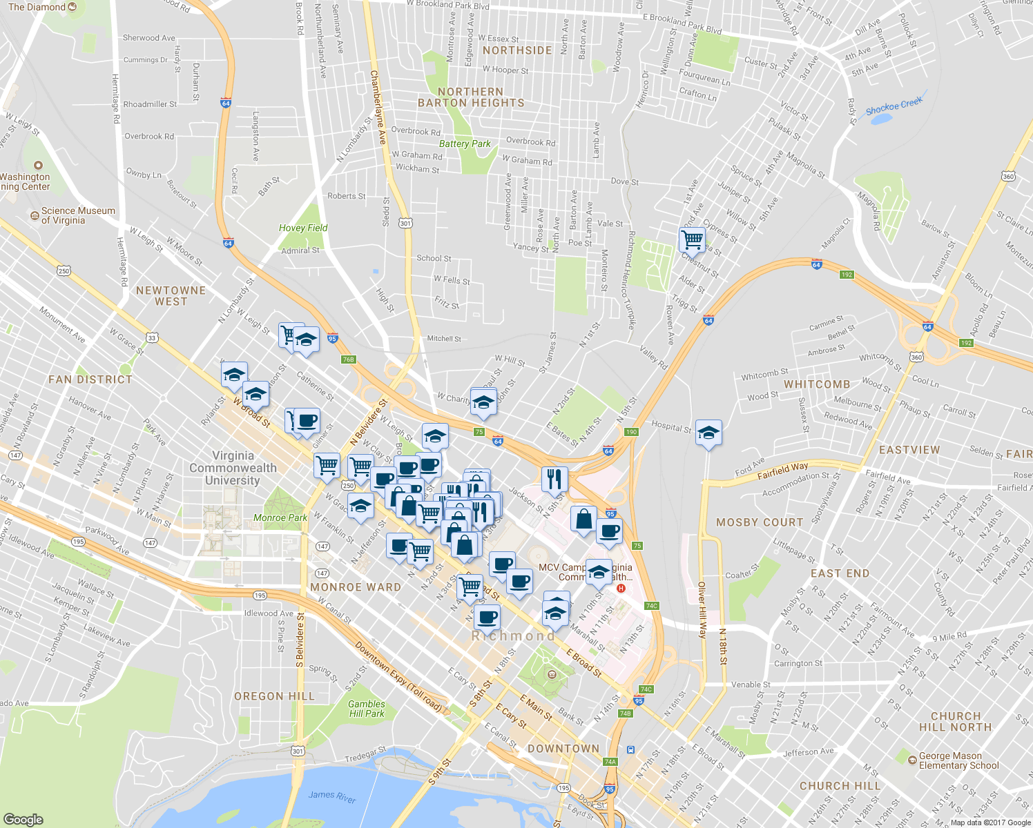 map of restaurants, bars, coffee shops, grocery stores, and more near 2 East Charity Street in Richmond