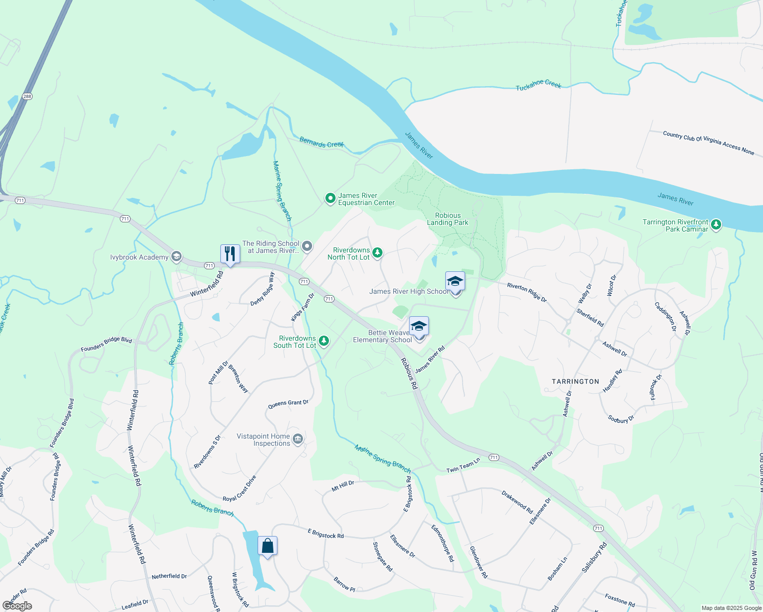 map of restaurants, bars, coffee shops, grocery stores, and more near 13912 Riverdowns North Court in Midlothian