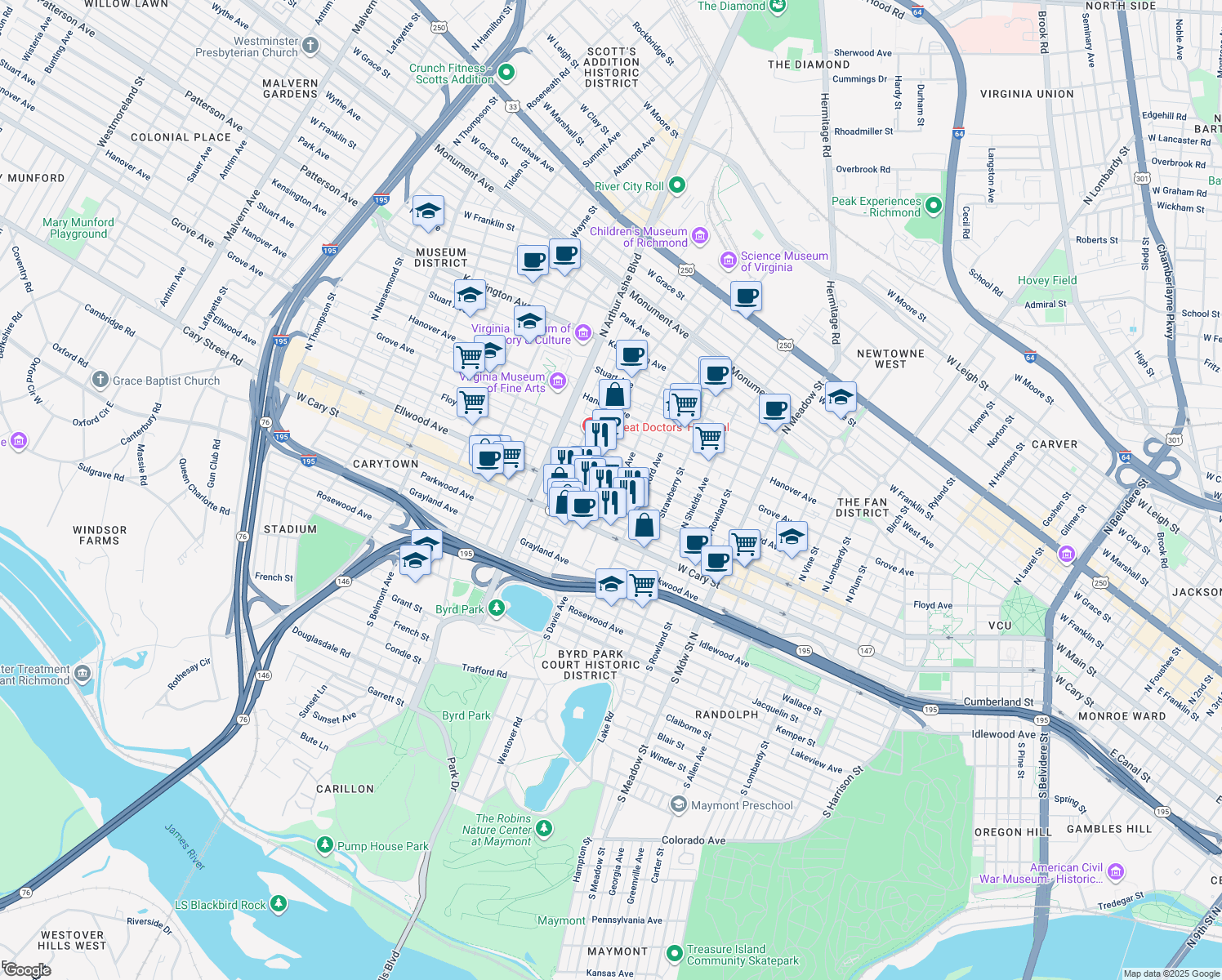 map of restaurants, bars, coffee shops, grocery stores, and more near 16 North Davis Avenue in Richmond