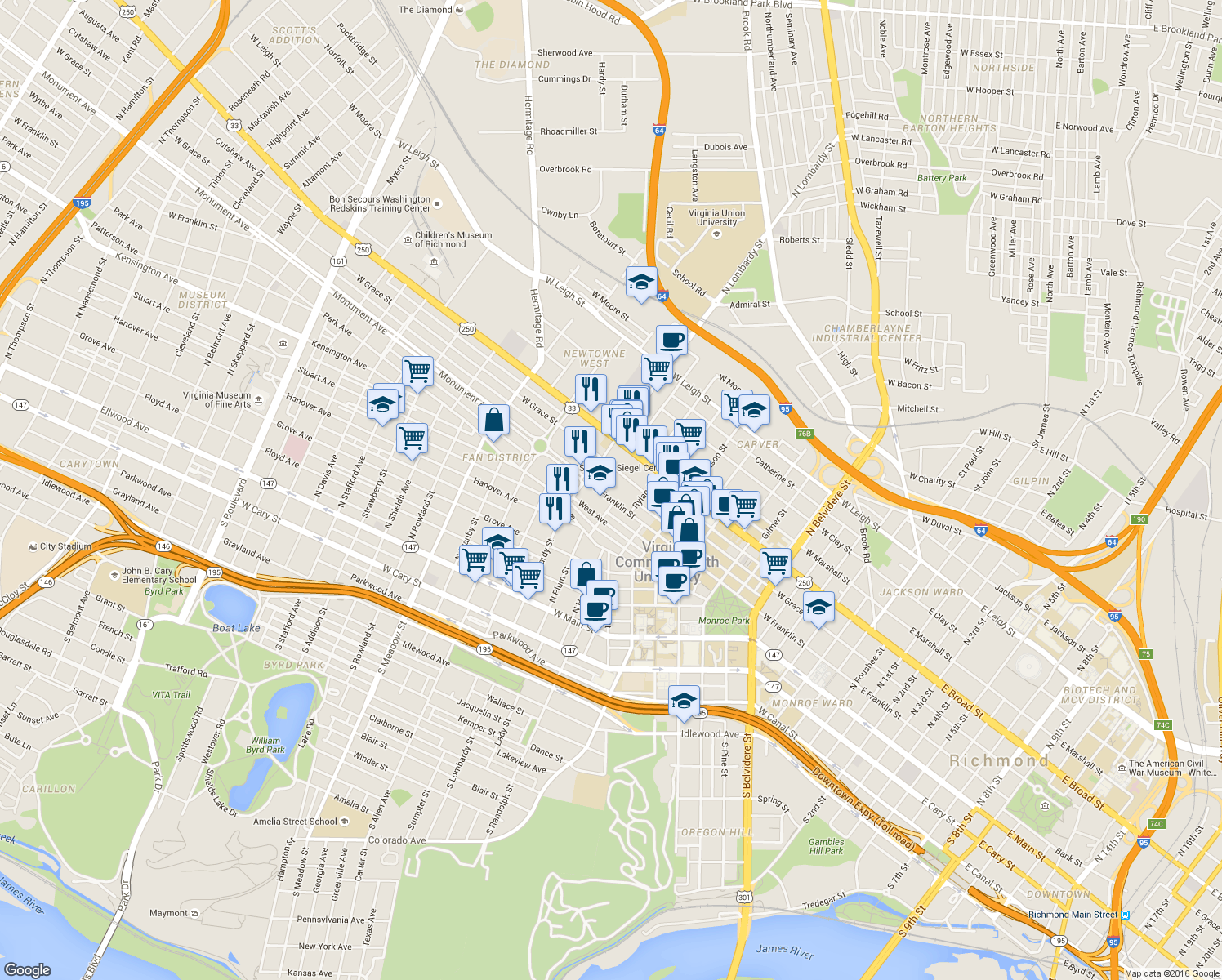 map of restaurants, bars, coffee shops, grocery stores, and more near 1210 West Franklin Street in Richmond