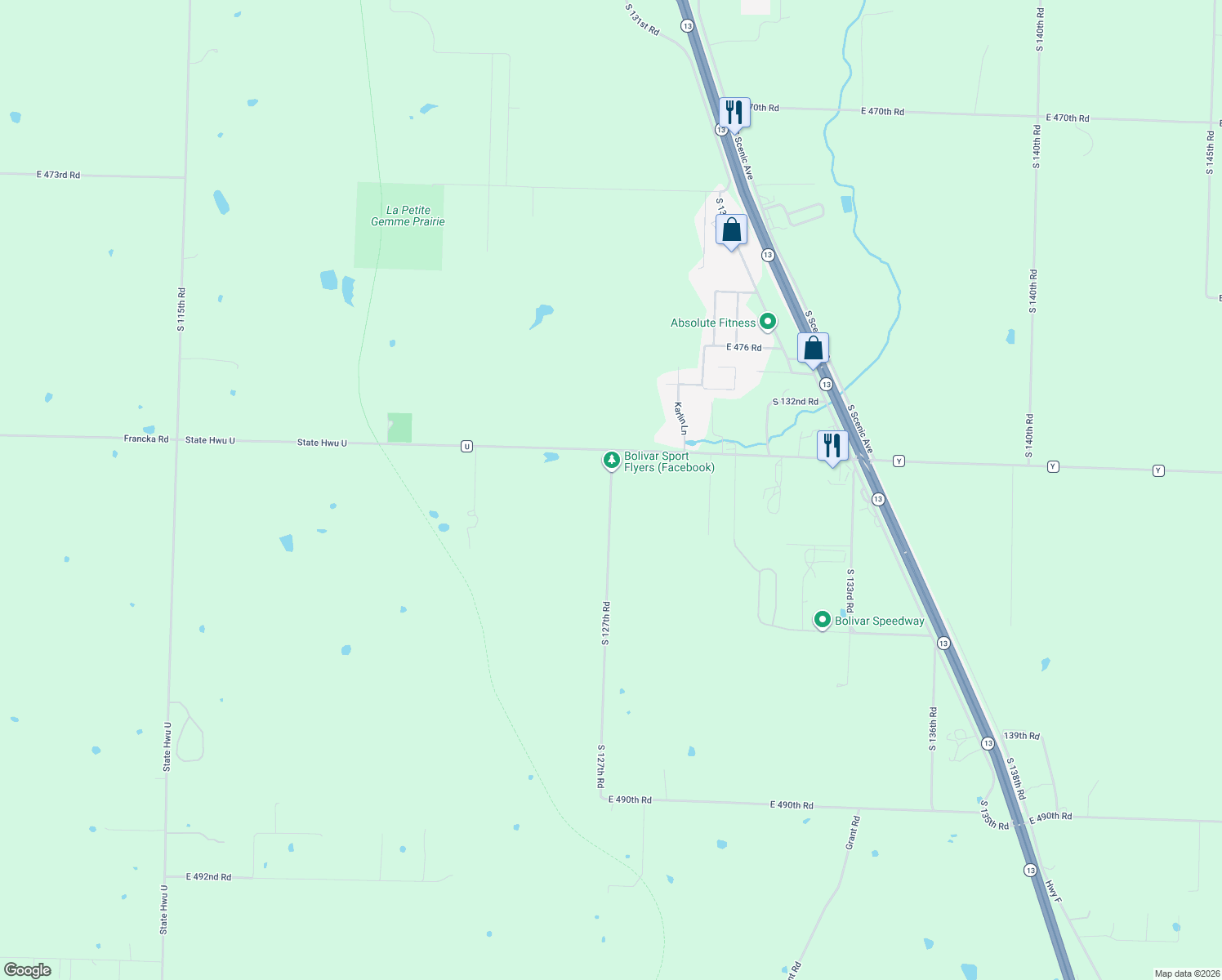 map of restaurants, bars, coffee shops, grocery stores, and more near 1898 South 127th Road in Bolivar