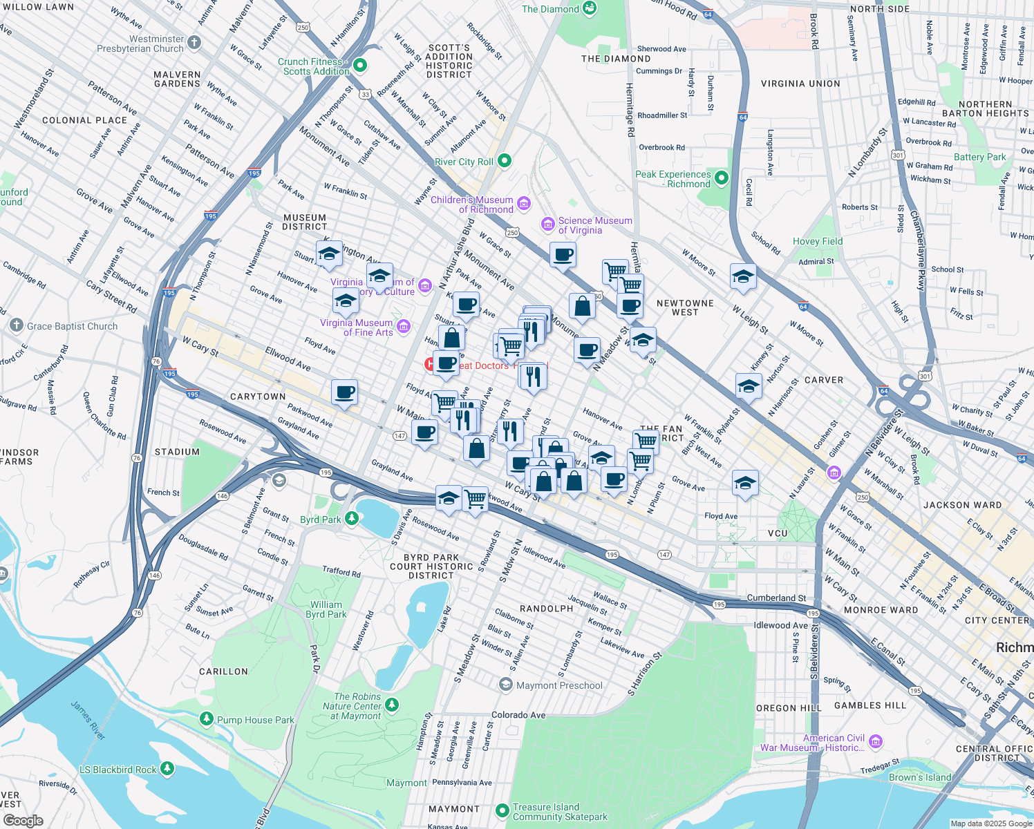 map of restaurants, bars, coffee shops, grocery stores, and more near 2211 Grove Avenue in Richmond