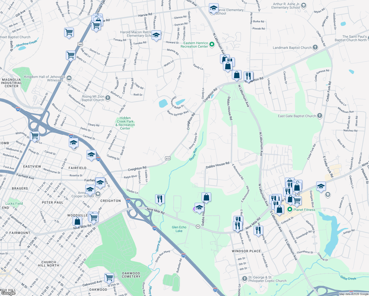 map of restaurants, bars, coffee shops, grocery stores, and more near 3129 Stone Dale Court in Richmond