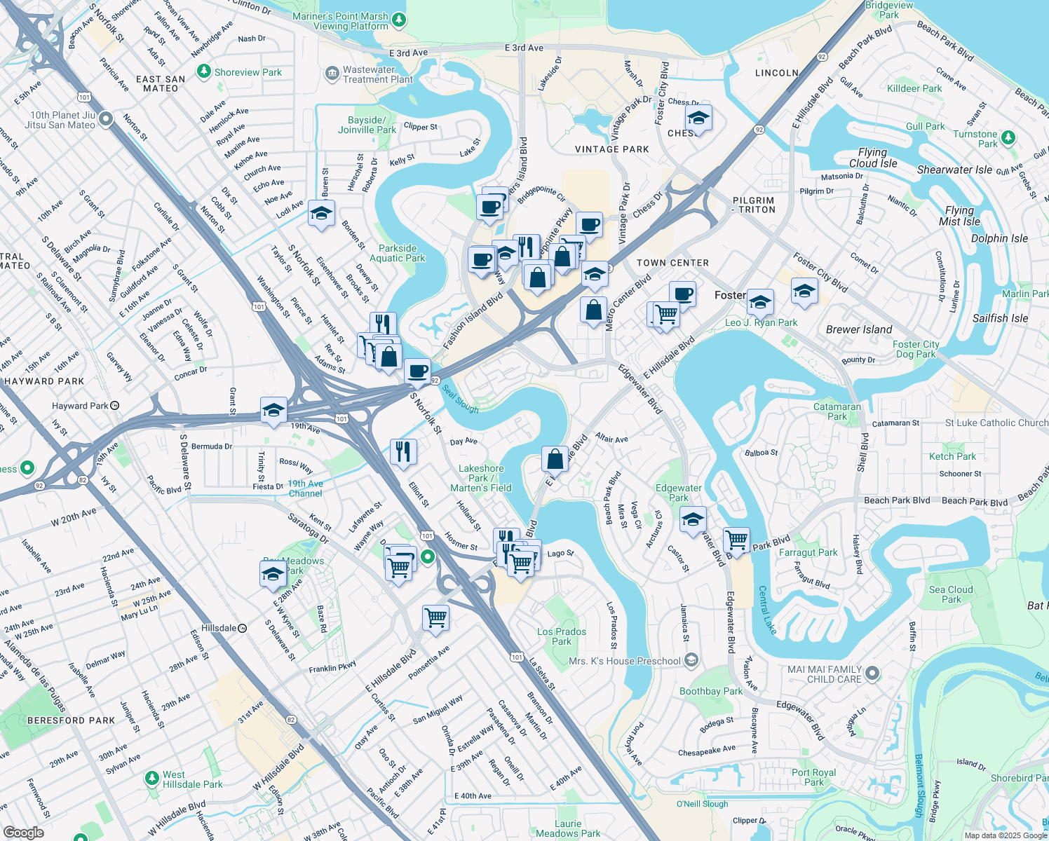 map of restaurants, bars, coffee shops, grocery stores, and more near 1715 Marina Court in San Mateo