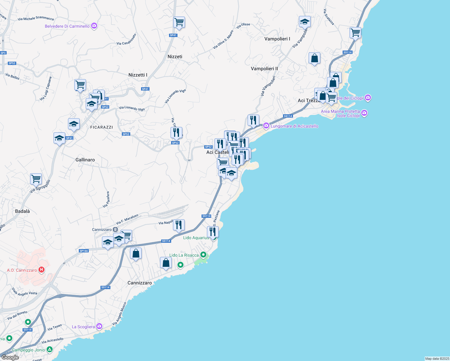 map of restaurants, bars, coffee shops, grocery stores, and more near 1 Via Cesare Battisti in Aci Castello