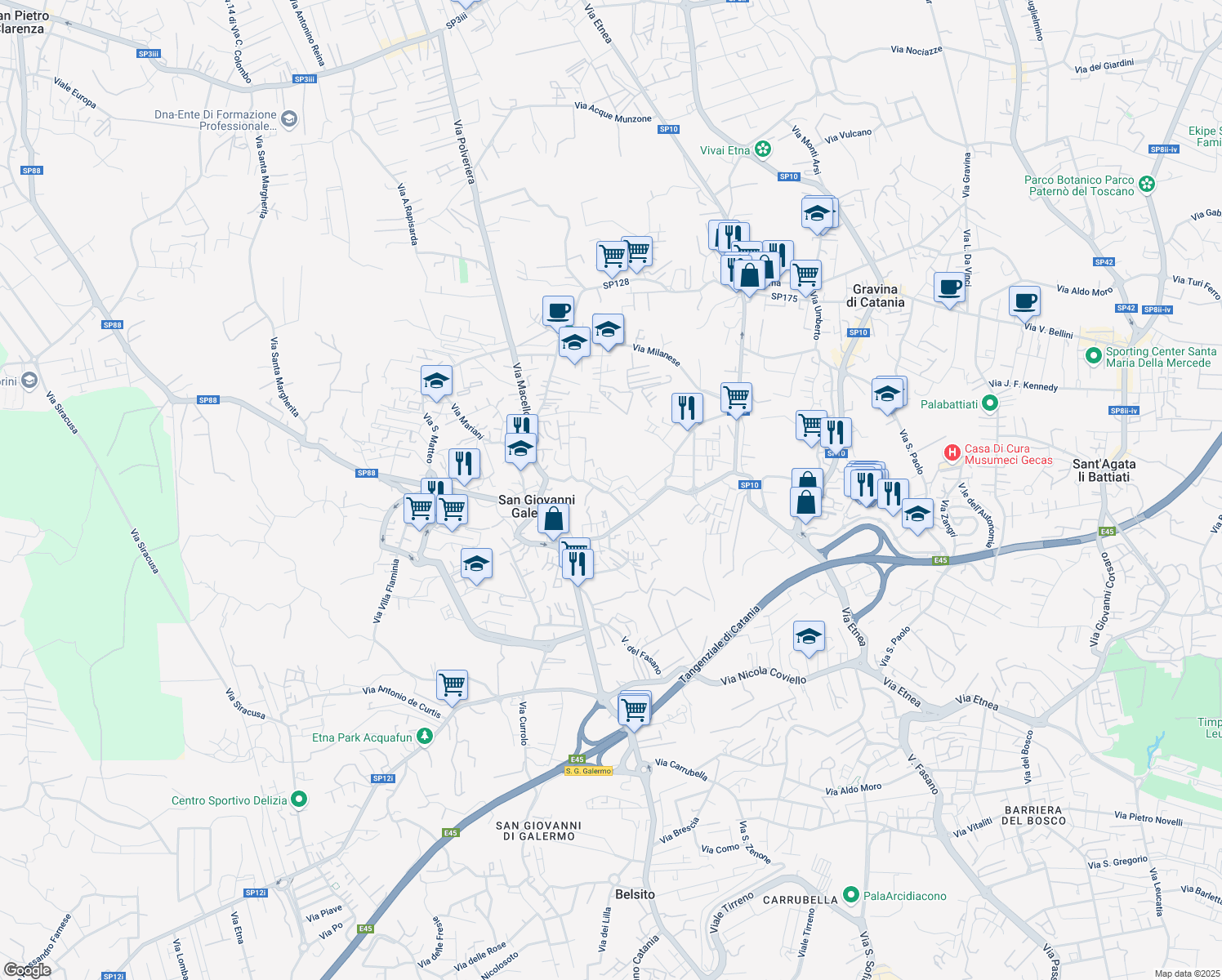 map of restaurants, bars, coffee shops, grocery stores, and more near 12 Via Guardia in Gravina di Catania