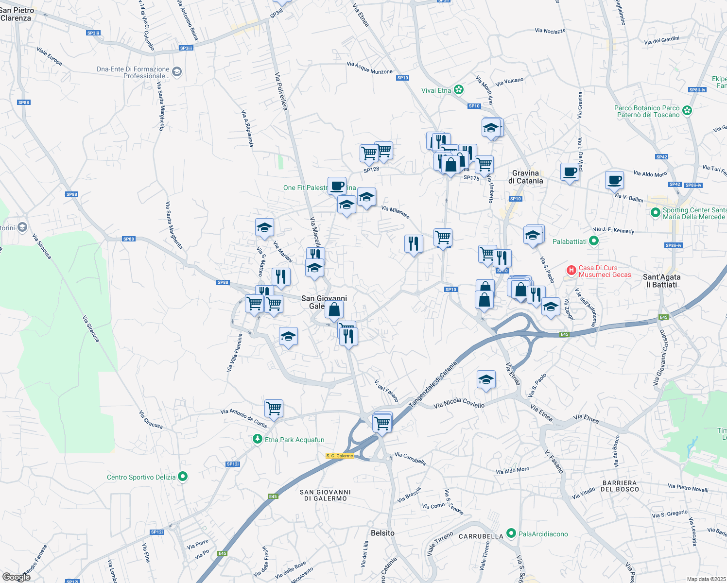 map of restaurants, bars, coffee shops, grocery stores, and more near 12 Via Guardia in Gravina di Catania