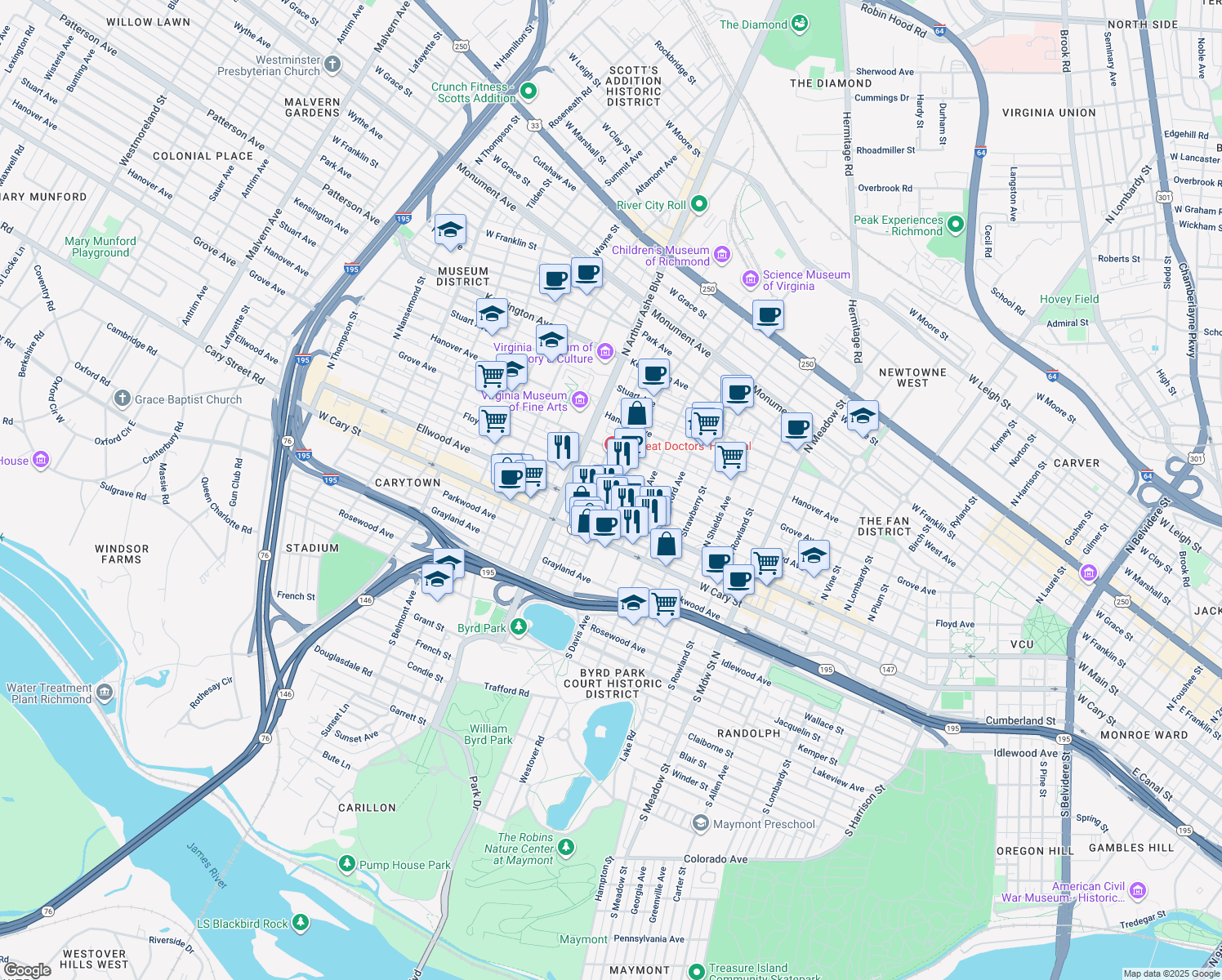 map of restaurants, bars, coffee shops, grocery stores, and more near 2607 Floyd Avenue in Richmond