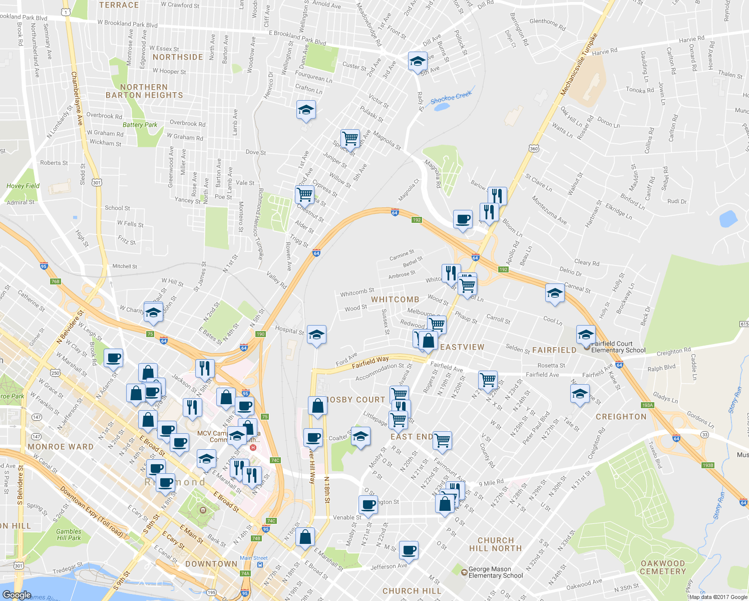 map of restaurants, bars, coffee shops, grocery stores, and more near 2112 Wood Street in Richmond