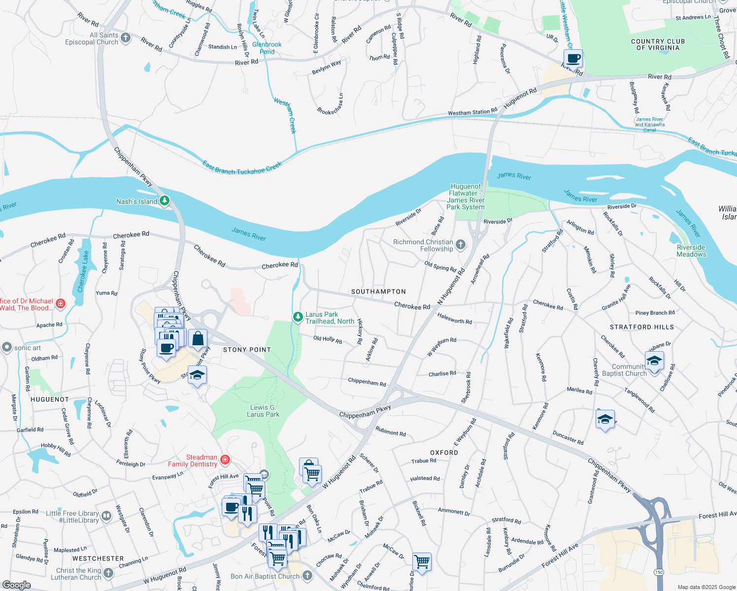 map of restaurants, bars, coffee shops, grocery stores, and more near 8806 Cherokee Road in Richmond