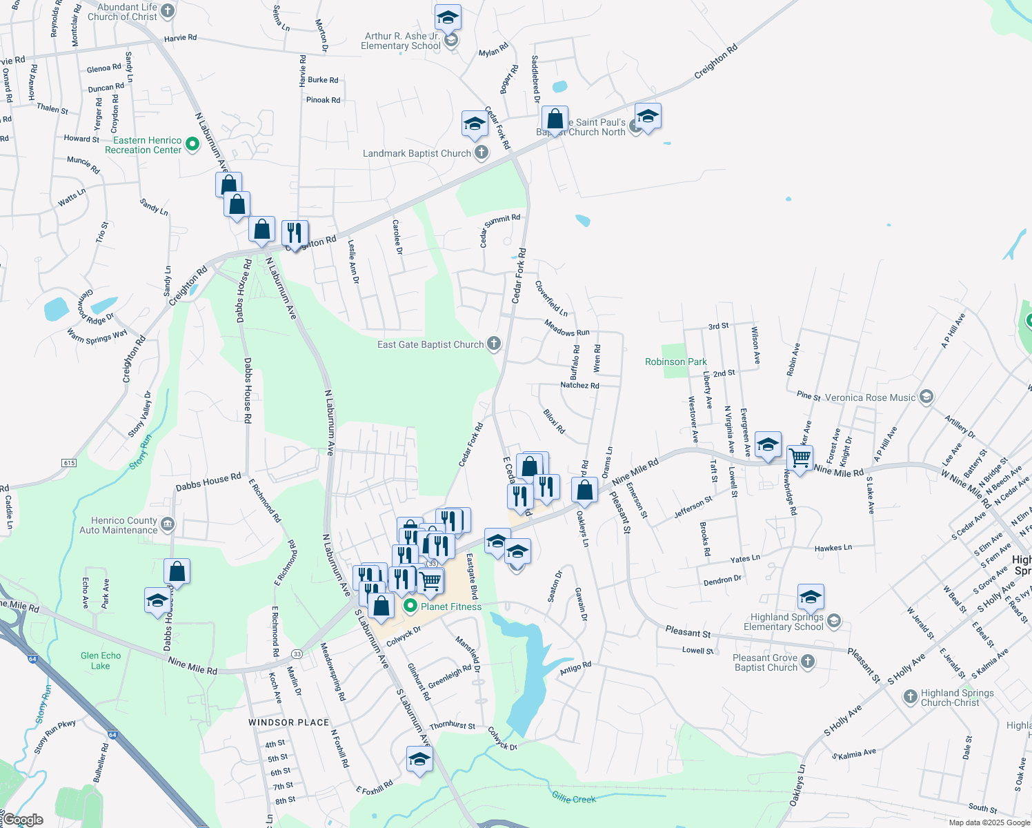 map of restaurants, bars, coffee shops, grocery stores, and more near 125 Post Cedar Court in Richmond