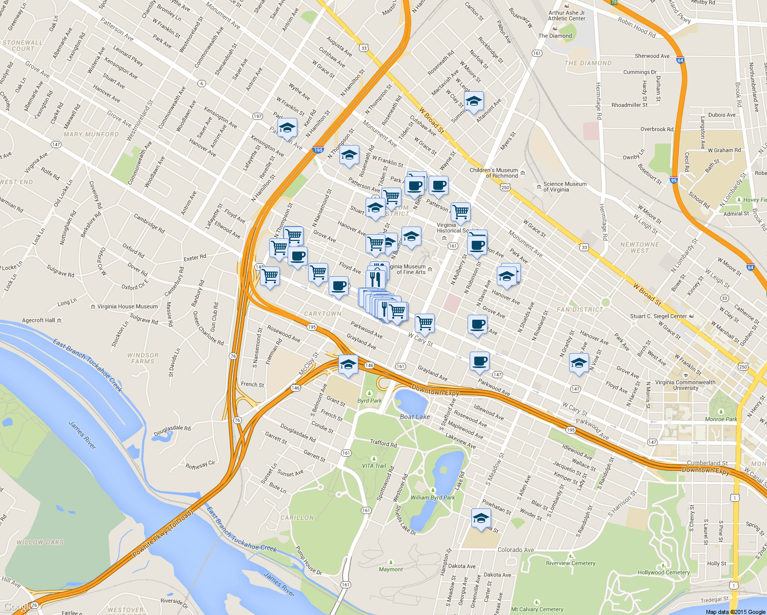 map of restaurants, bars, coffee shops, grocery stores, and more near 3009 Ellwood Avenue in Richmond