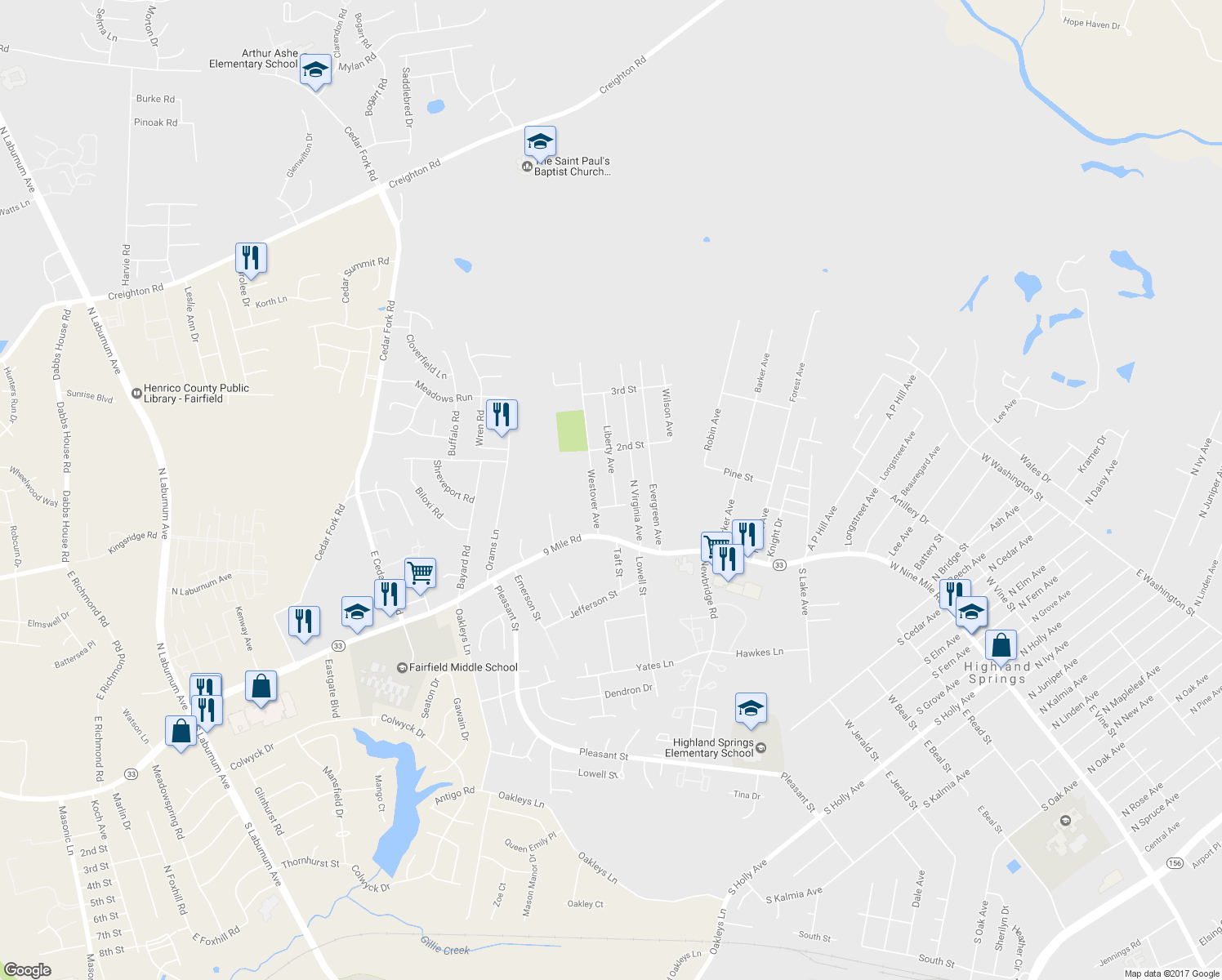 map of restaurants, bars, coffee shops, grocery stores, and more near 106 Liberty Avenue in Richmond