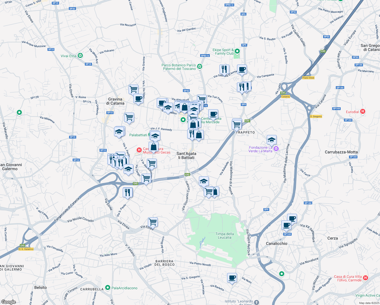 map of restaurants, bars, coffee shops, grocery stores, and more near 79 Via Umberto in Sant'agata Li Battiati