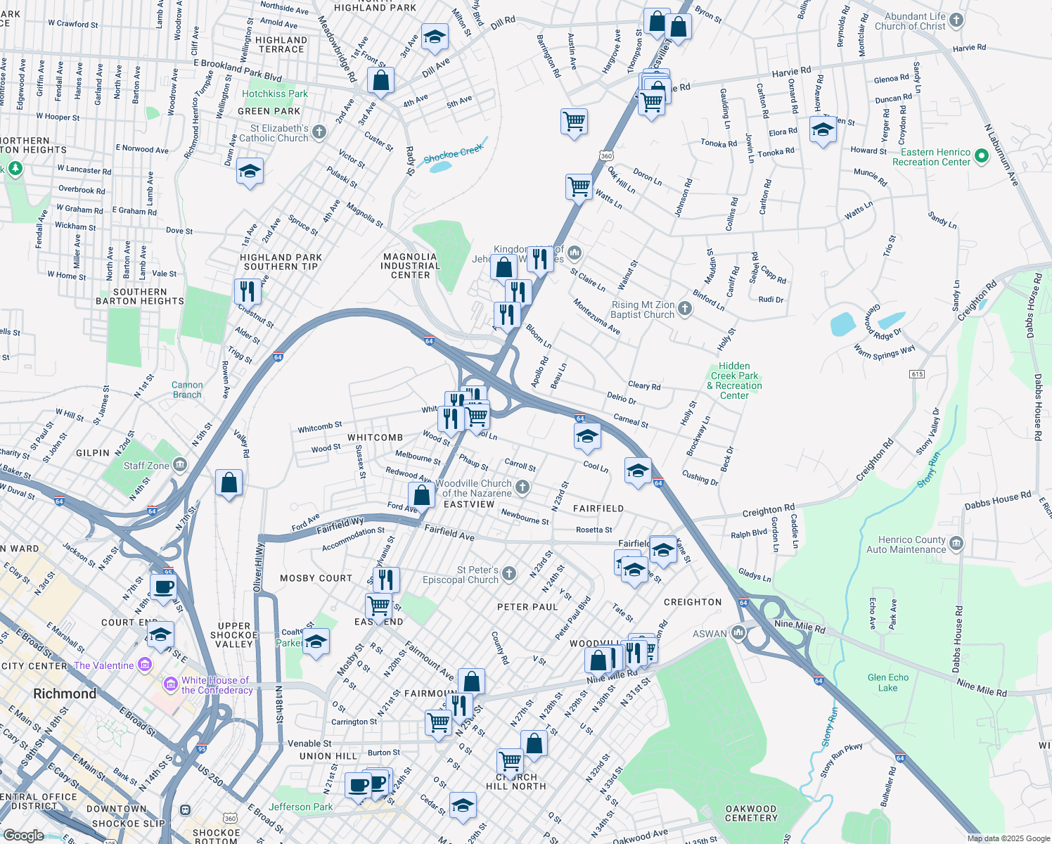map of restaurants, bars, coffee shops, grocery stores, and more near 2312 Bluestone Drive in Richmond