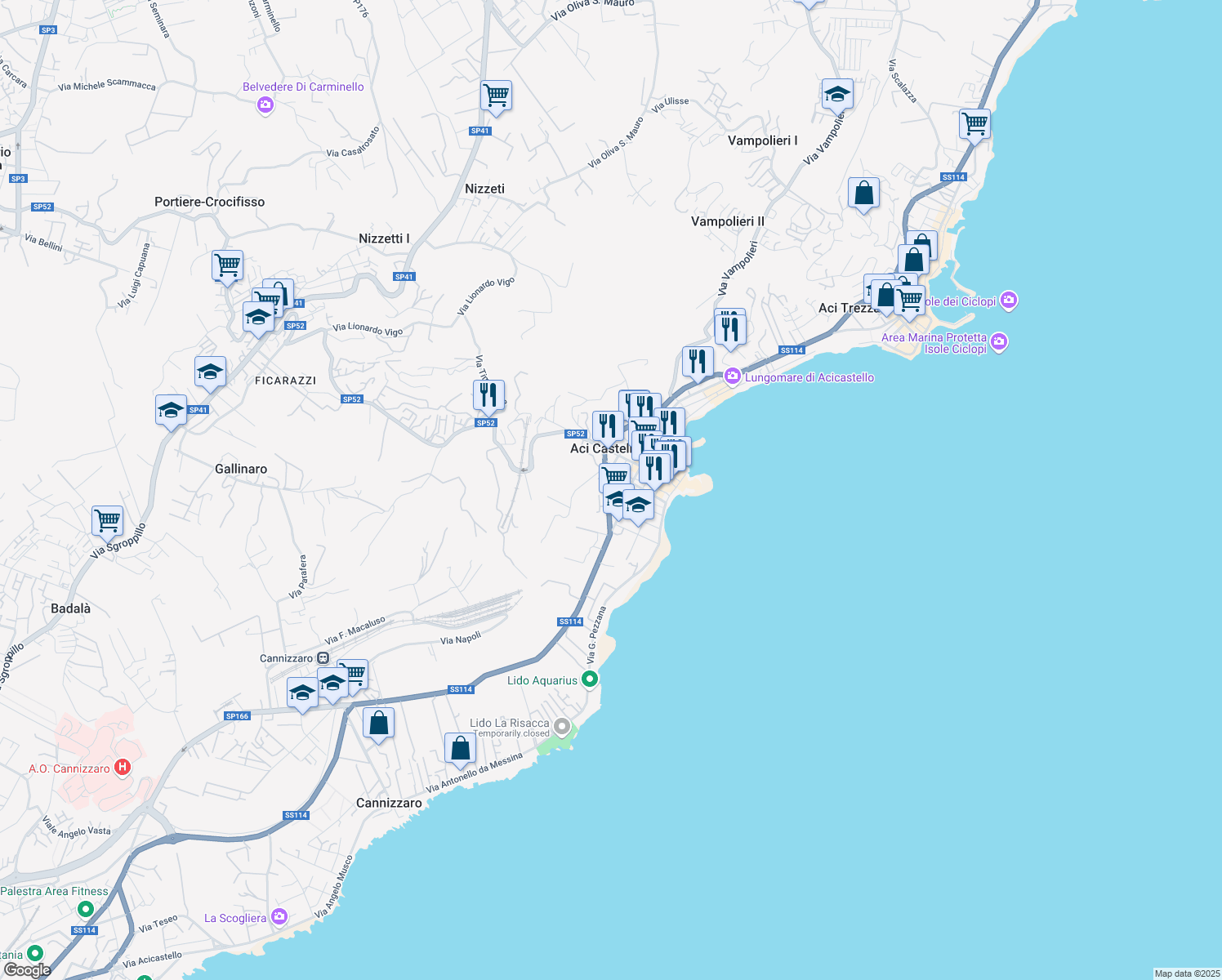 map of restaurants, bars, coffee shops, grocery stores, and more near 12 Via Vittorio Brancati in Aci Castello