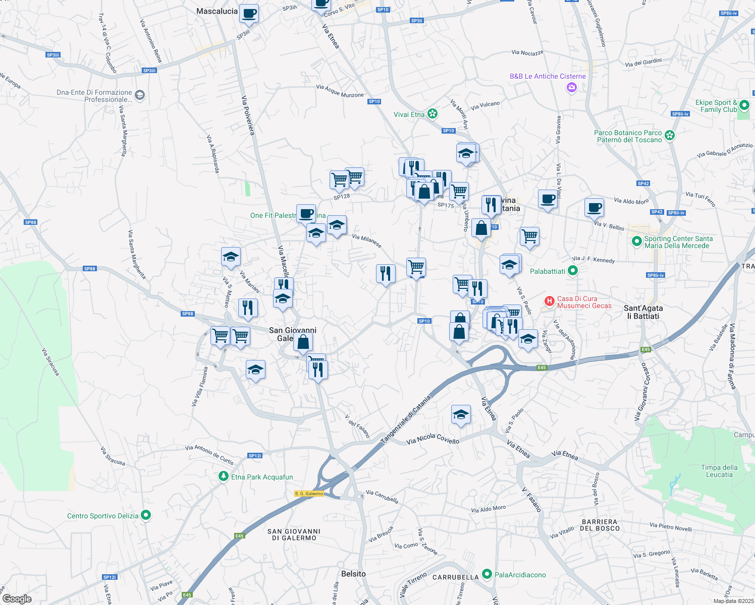 map of restaurants, bars, coffee shops, grocery stores, and more near 5 Via Vecchia San Giovanni in Gravina di Catania