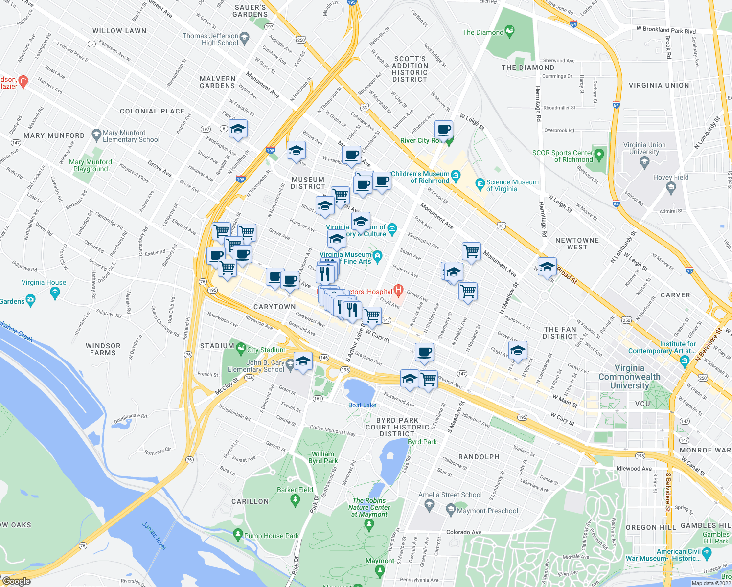 map of restaurants, bars, coffee shops, grocery stores, and more near 2809 Floyd Avenue in Richmond