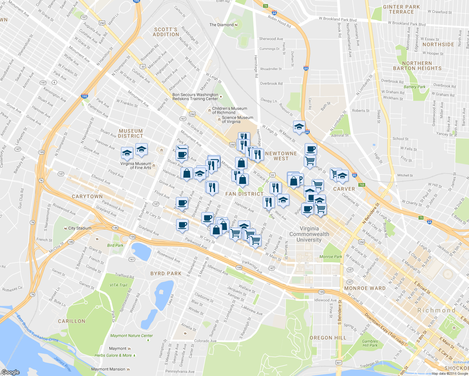 map of restaurants, bars, coffee shops, grocery stores, and more near 2008 Stuart Avenue in Richmond