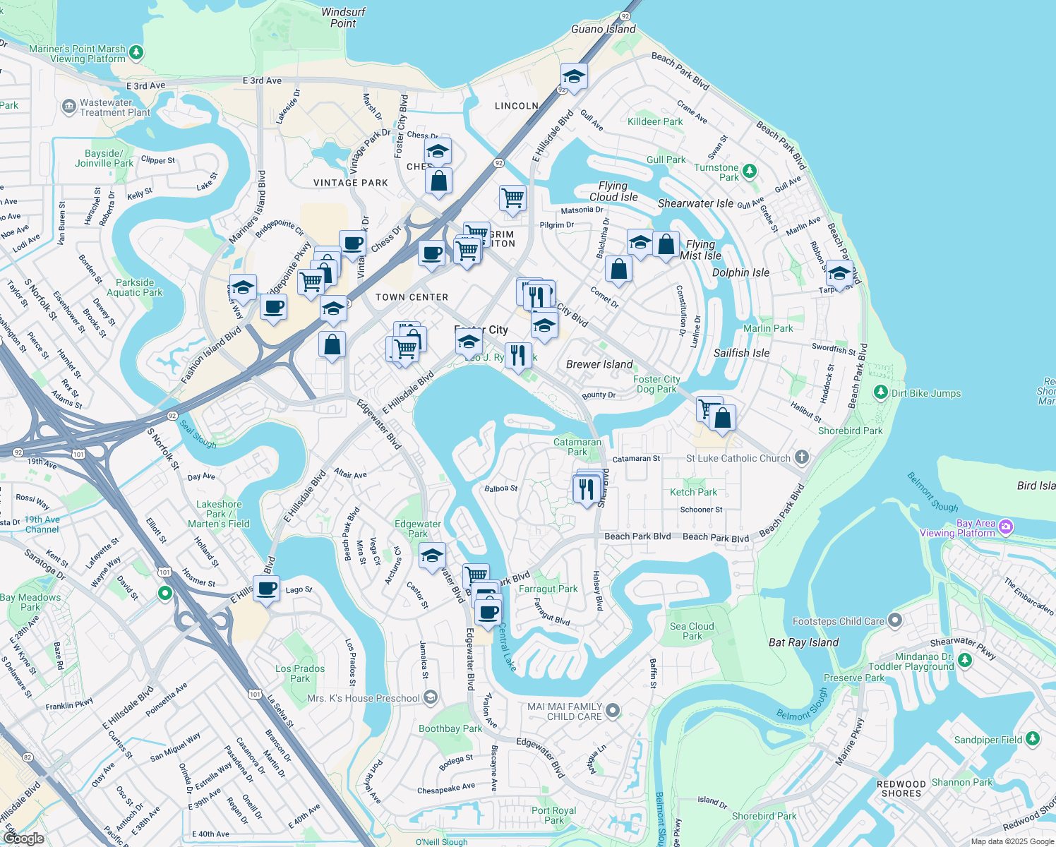 map of restaurants, bars, coffee shops, grocery stores, and more near 1018 Lido Lane in Foster City