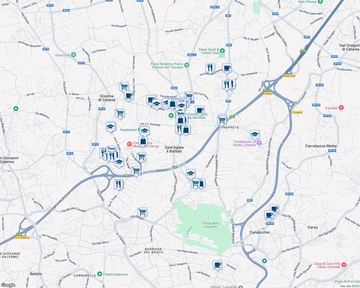 map of restaurants, bars, coffee shops, grocery stores, and more near 79 Via Umberto in Sant'Agata li Battiati