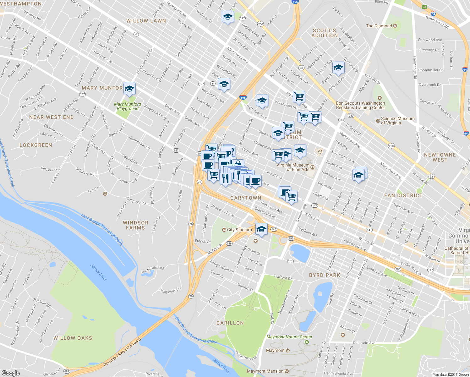 map of restaurants, bars, coffee shops, grocery stores, and more near 3402 Parkwood Avenue in Richmond