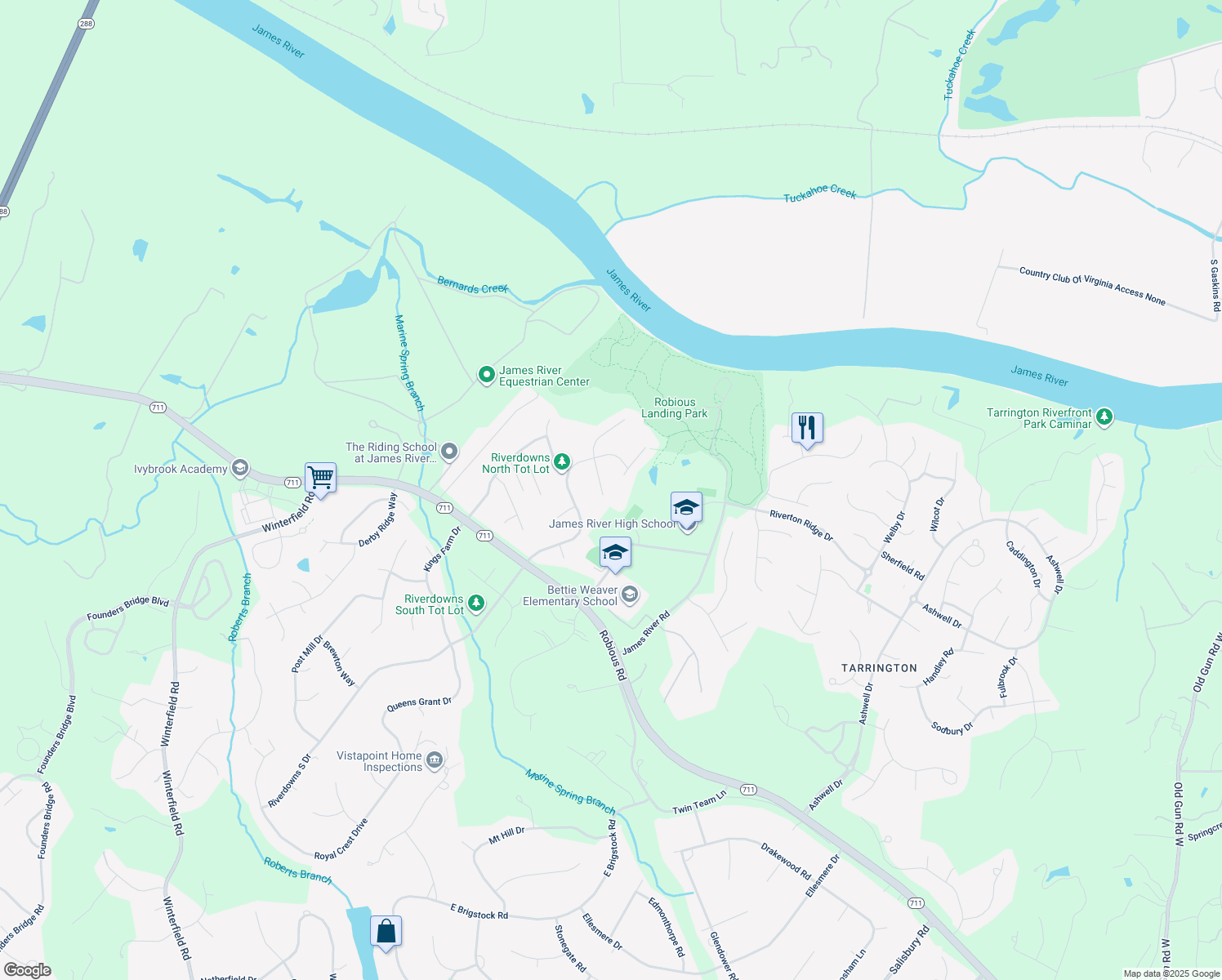 map of restaurants, bars, coffee shops, grocery stores, and more near 14013 Riverdowns North Place in Midlothian