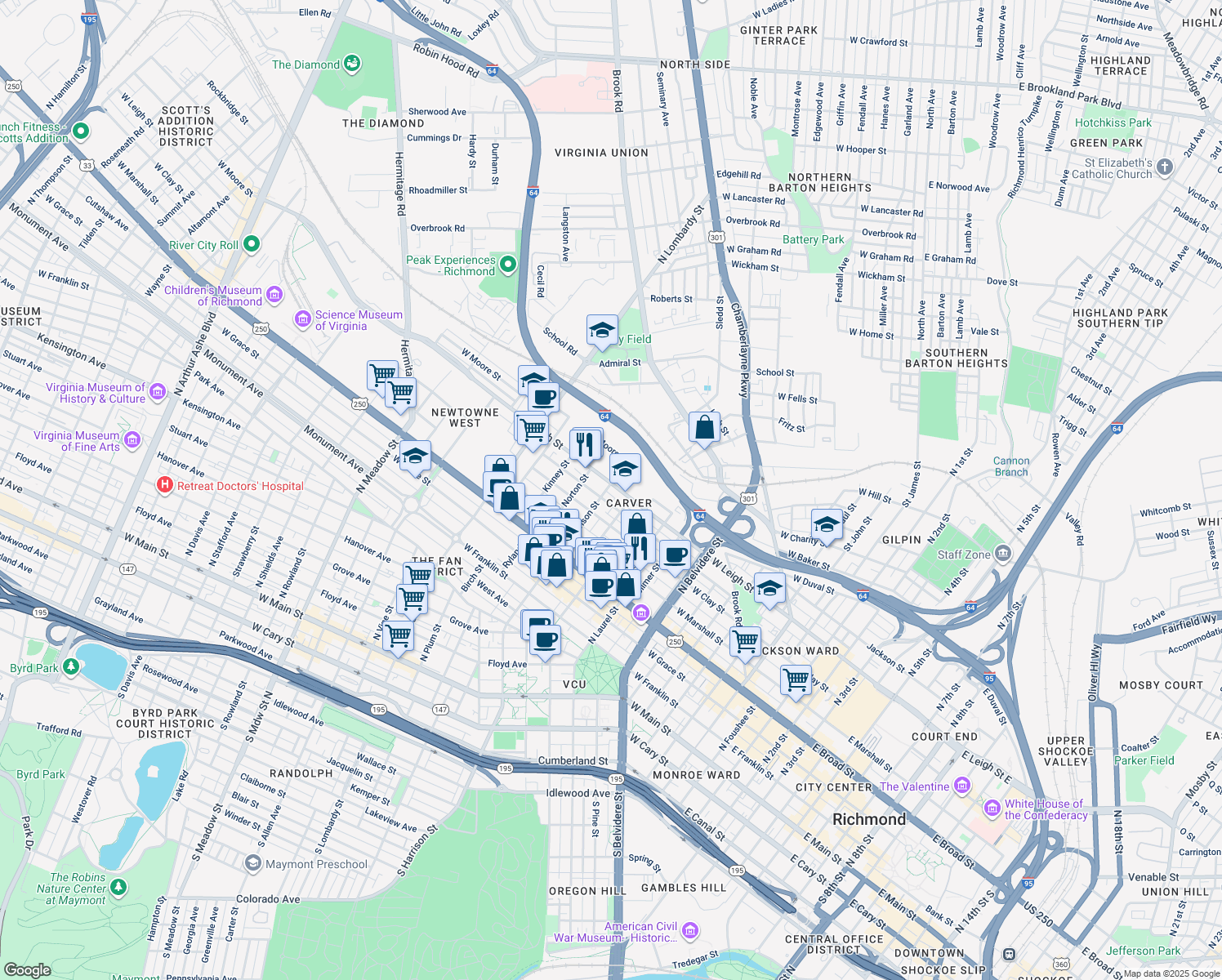 map of restaurants, bars, coffee shops, grocery stores, and more near 1115 W Leigh St in Richmond