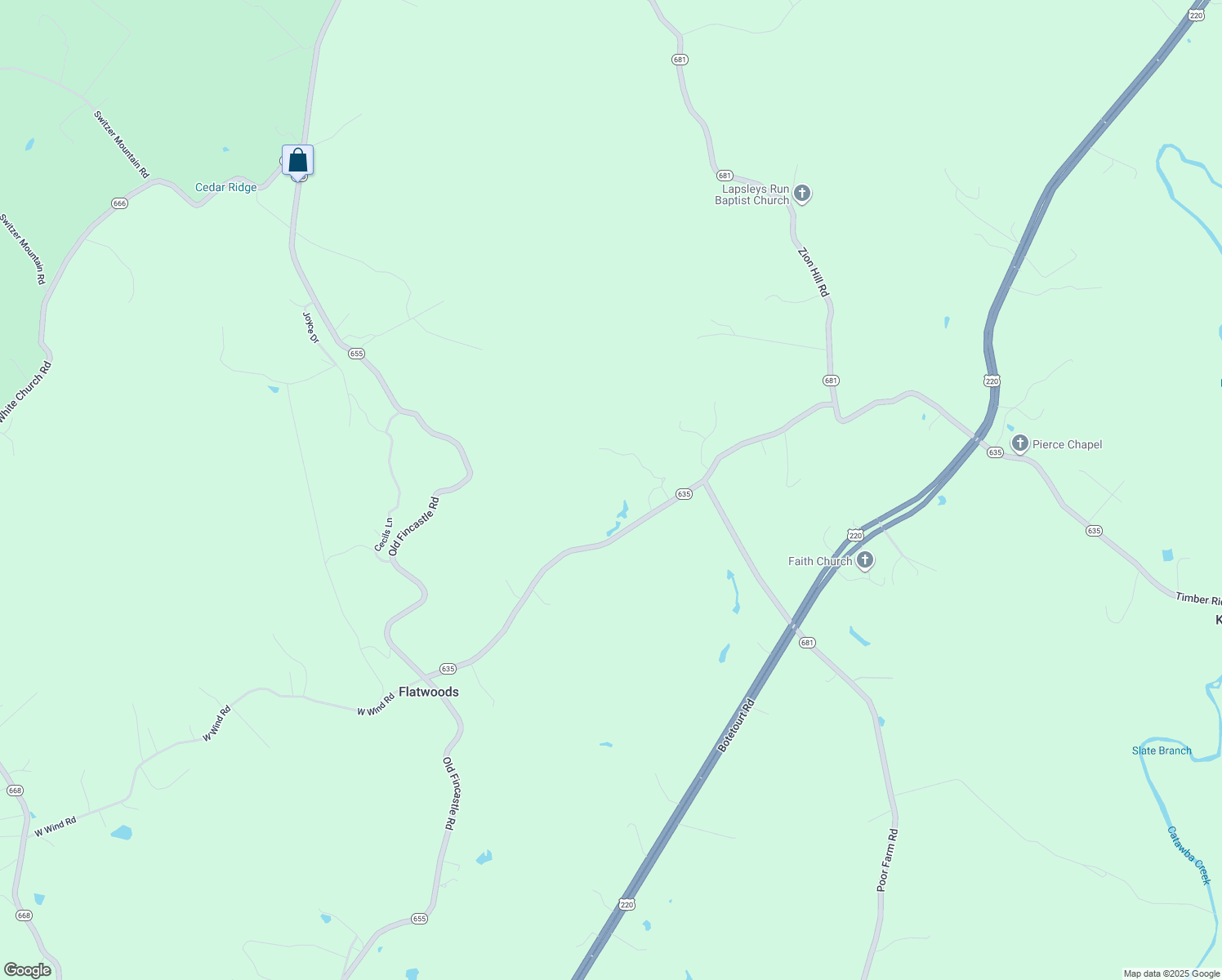 map of restaurants, bars, coffee shops, grocery stores, and more near 1138 West Wind Road in Fincastle