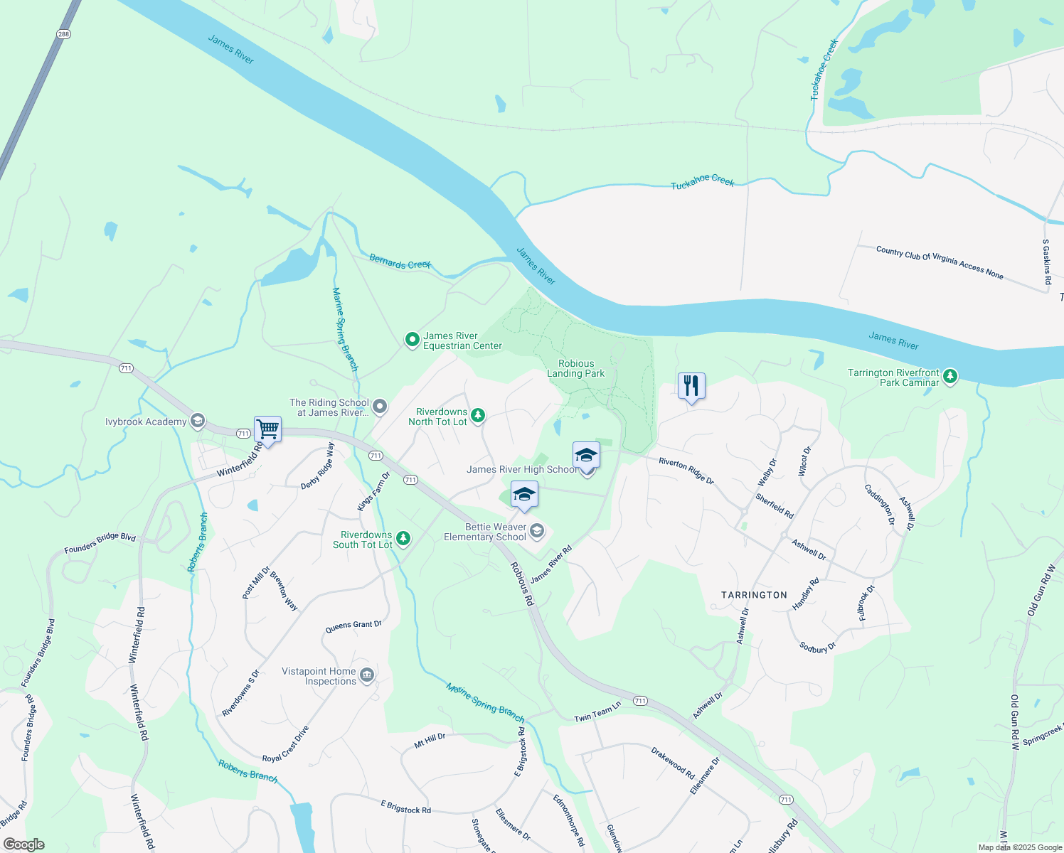 map of restaurants, bars, coffee shops, grocery stores, and more near 14013 Grace Wood Place in Midlothian