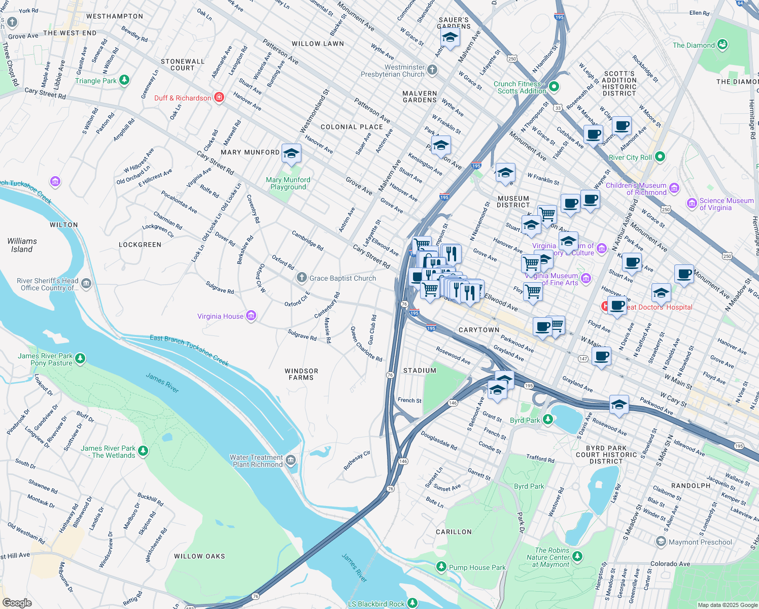 map of restaurants, bars, coffee shops, grocery stores, and more near 3806 Dover Road in Richmond