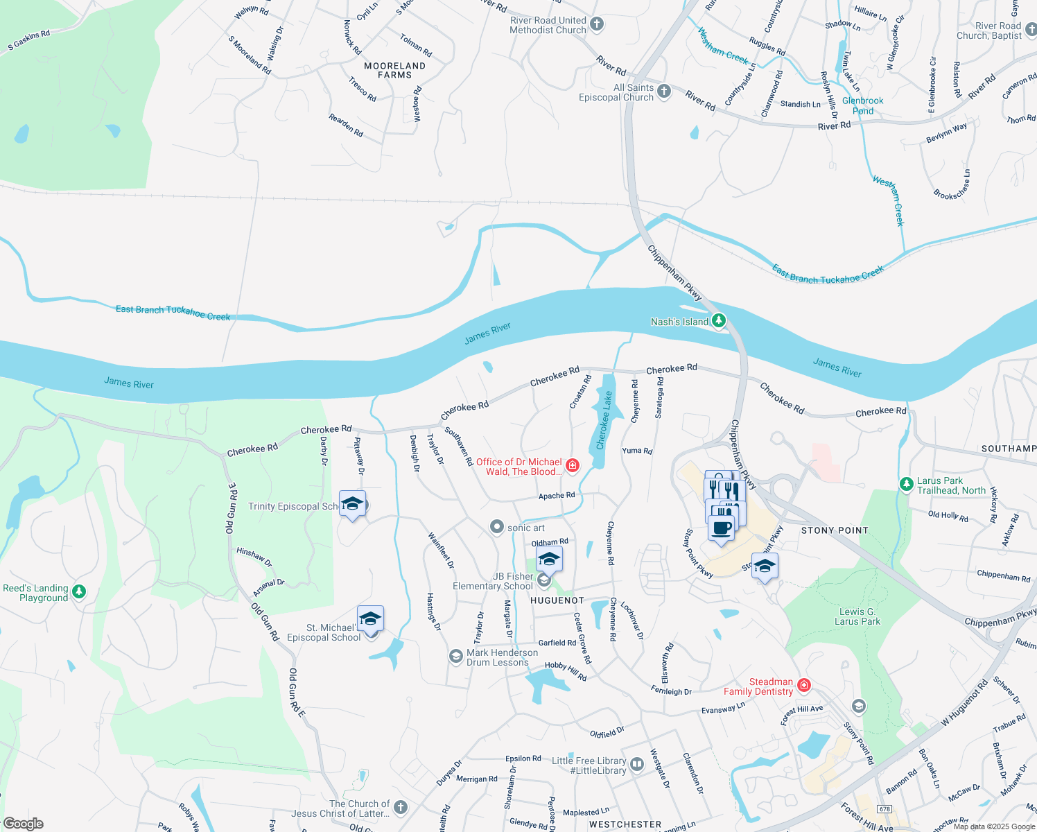 map of restaurants, bars, coffee shops, grocery stores, and more near 10210 Uppingham Court in Richmond