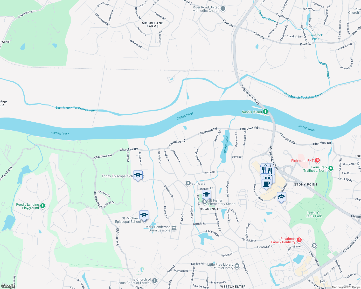 map of restaurants, bars, coffee shops, grocery stores, and more near 10449 Cherokee Road in Richmond