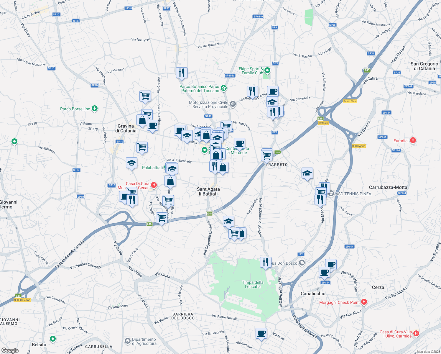 map of restaurants, bars, coffee shops, grocery stores, and more near 44 Via Giovanni Verga in Sant'Agata li Battiati