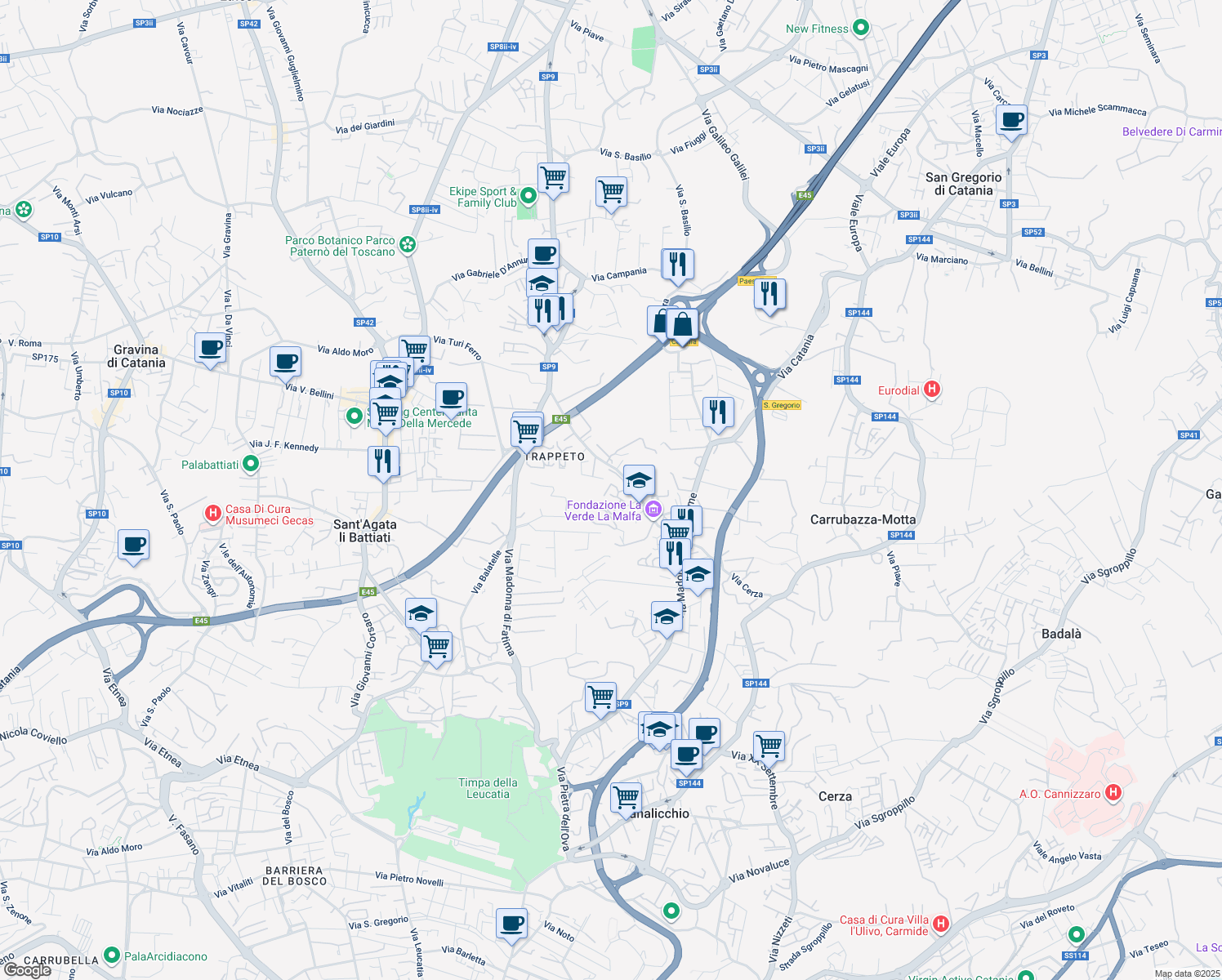 map of restaurants, bars, coffee shops, grocery stores, and more near 30 Via Lipari in San Giovanni La Punta