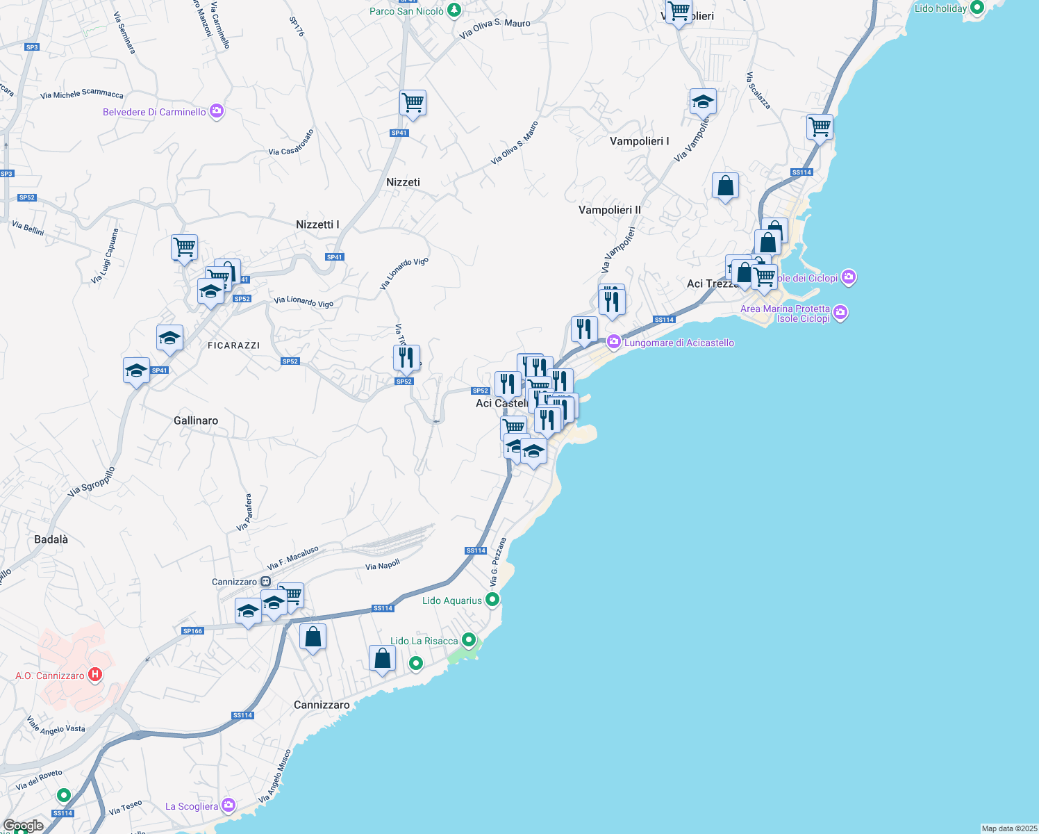 map of restaurants, bars, coffee shops, grocery stores, and more near 65 Via Dietro le Mura in Aci Castello