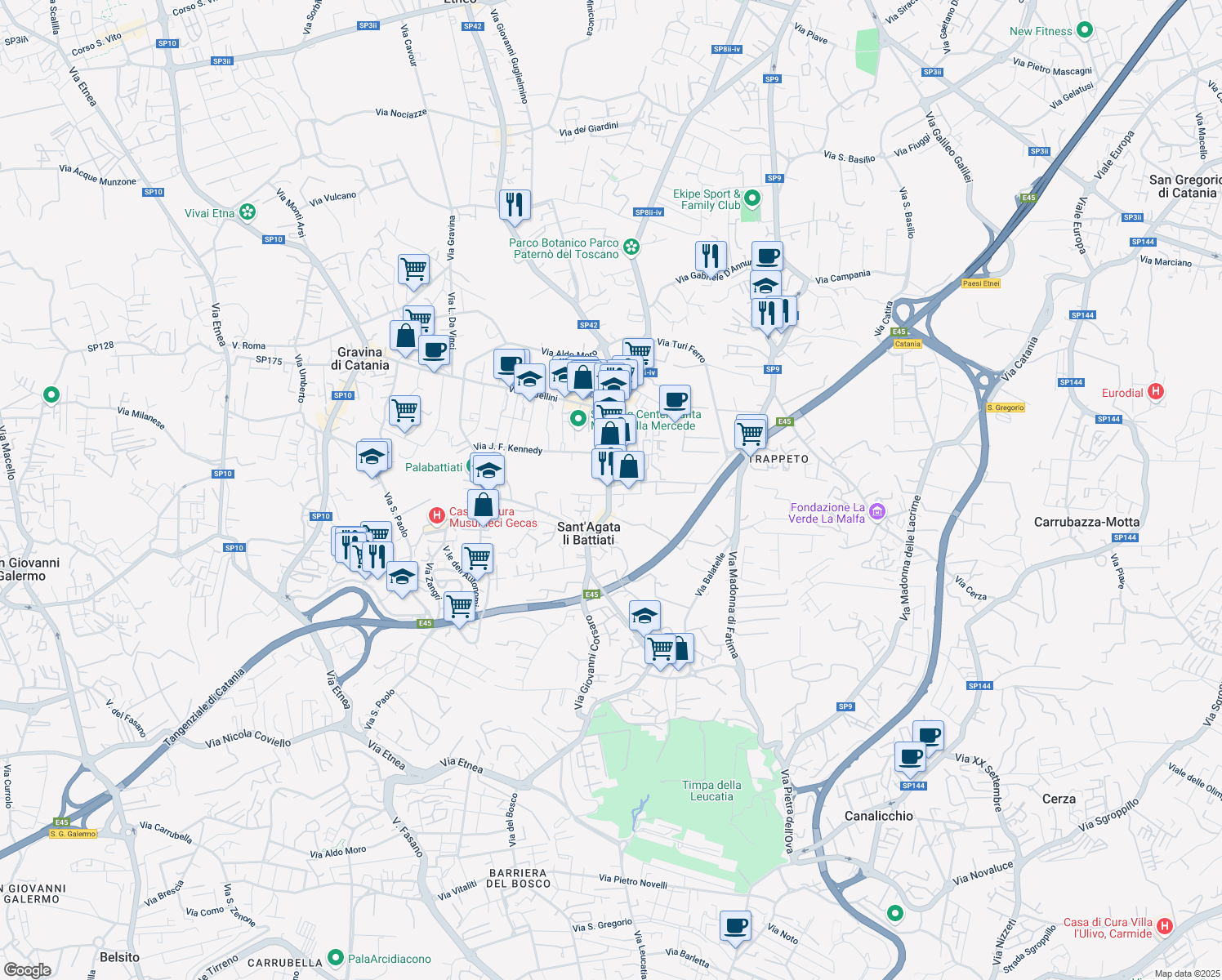 map of restaurants, bars, coffee shops, grocery stores, and more near 45 Via Umberto in Sant'Agata li Battiati