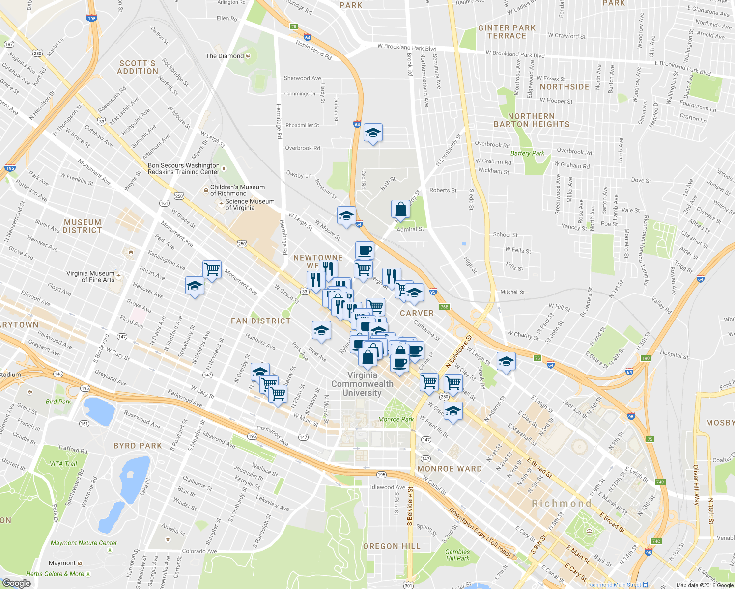 map of restaurants, bars, coffee shops, grocery stores, and more near 1410 West Clay Street in Richmond
