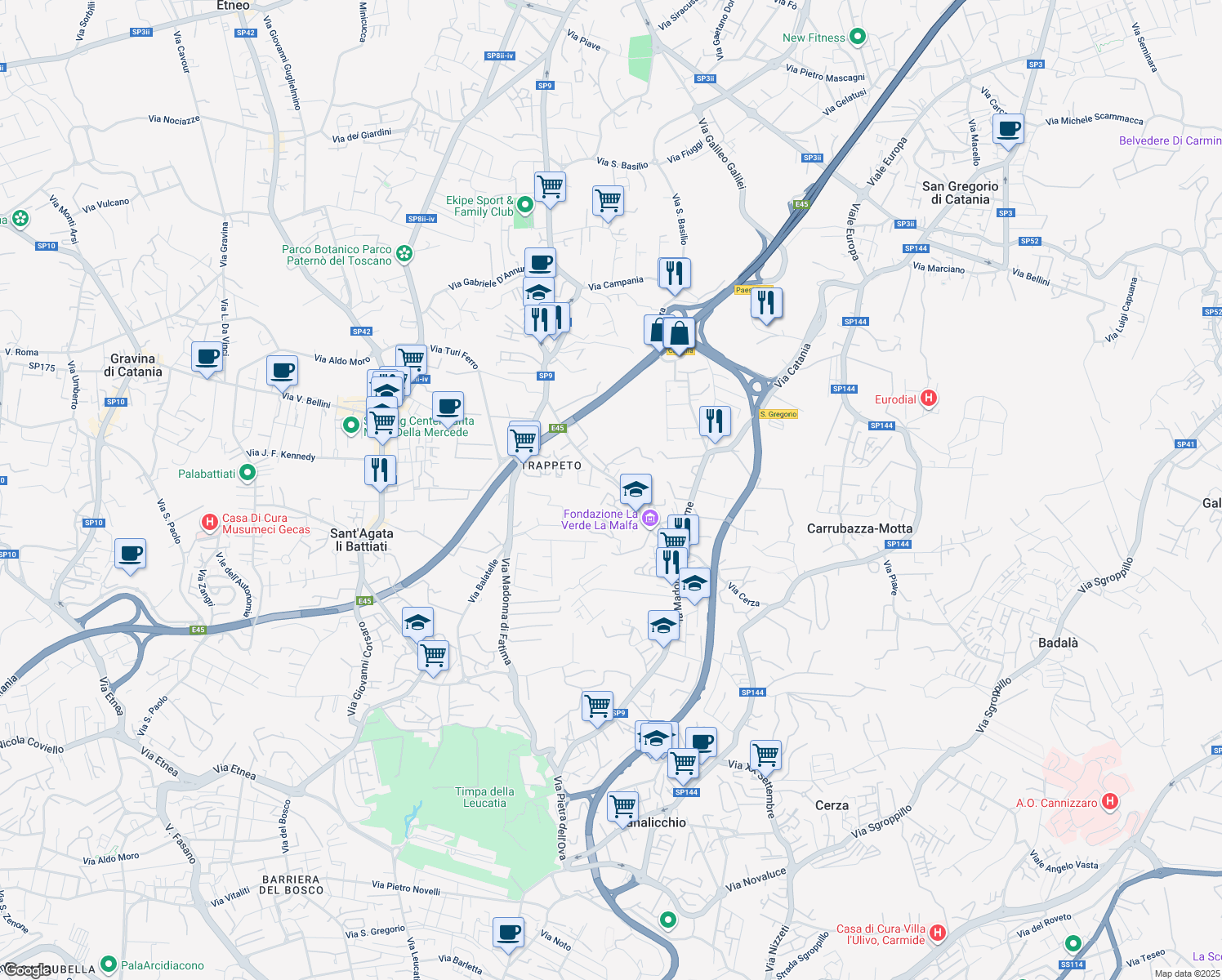 map of restaurants, bars, coffee shops, grocery stores, and more near 30 Via Lipari in San Giovanni La Punta