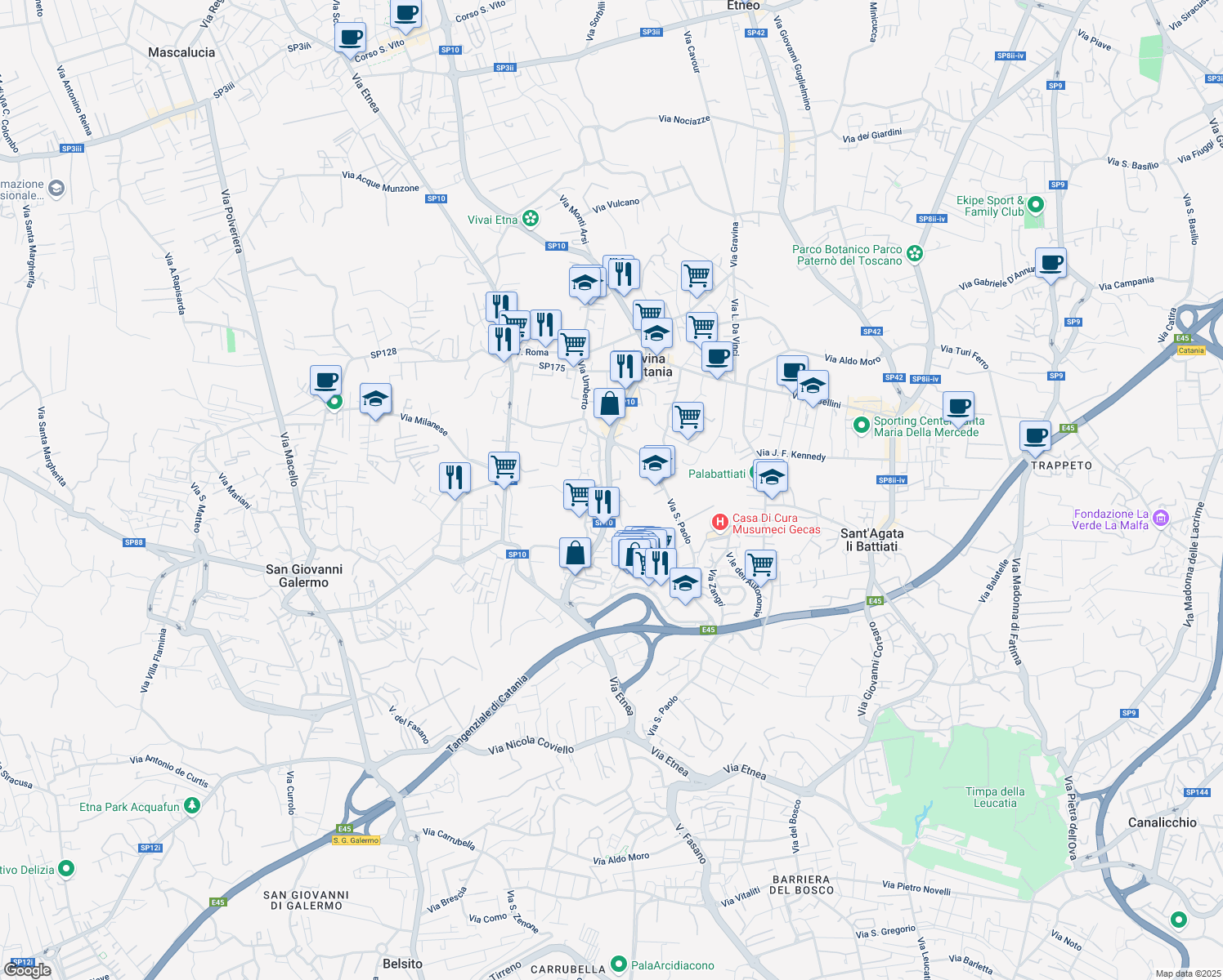 map of restaurants, bars, coffee shops, grocery stores, and more near 15 Via Giorgio Arcoleo in Gravina di Catania