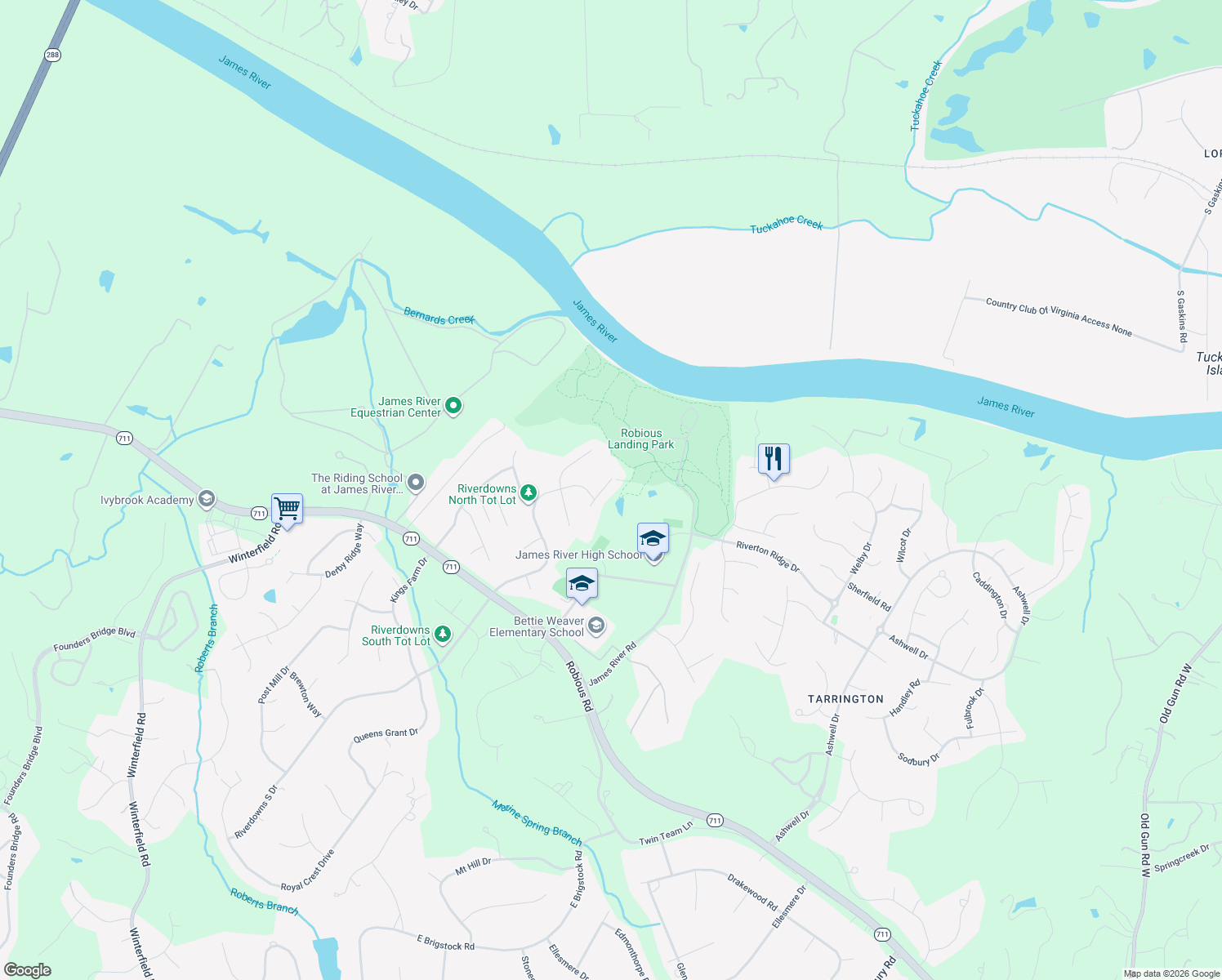 map of restaurants, bars, coffee shops, grocery stores, and more near 14107 Grace Wood Court in Midlothian