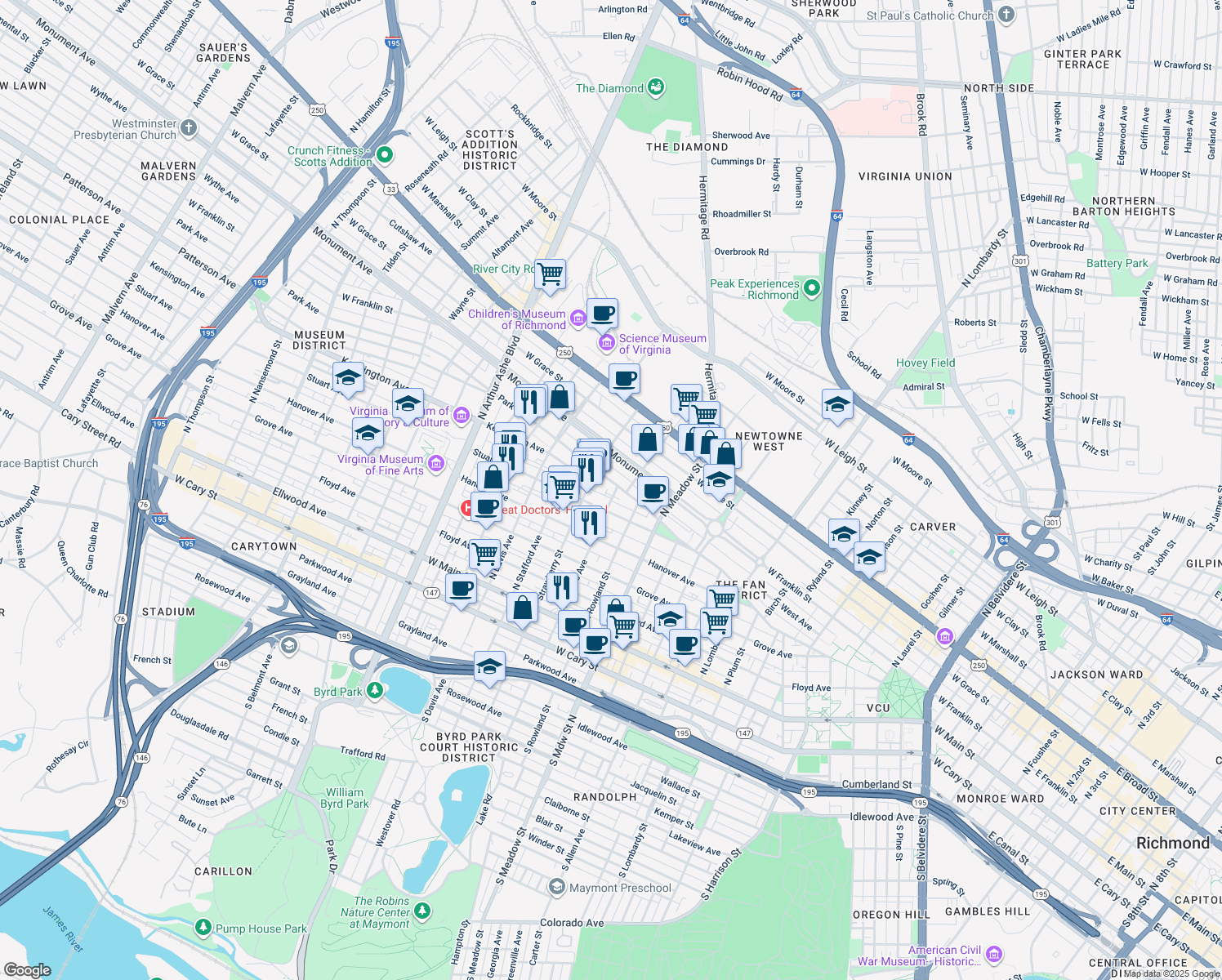 map of restaurants, bars, coffee shops, grocery stores, and more near 2203 Park Avenue in Richmond