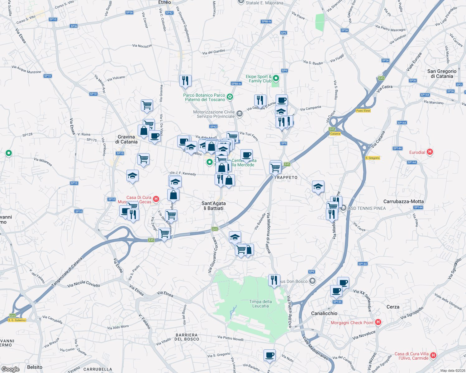 map of restaurants, bars, coffee shops, grocery stores, and more near 44 Via Giovanni Verga in Sant'Agata li Battiati