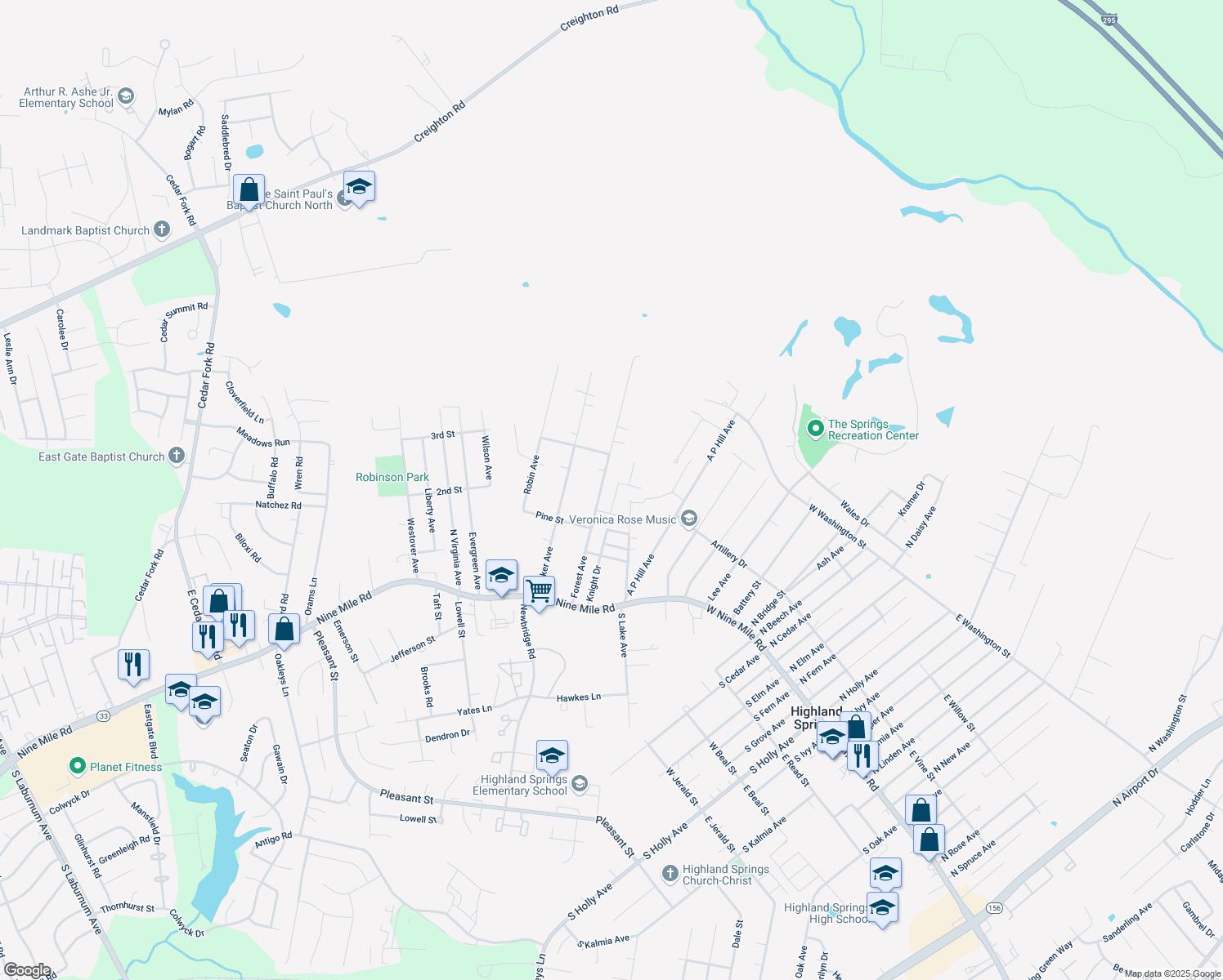 map of restaurants, bars, coffee shops, grocery stores, and more near 306 Knight Drive in Richmond