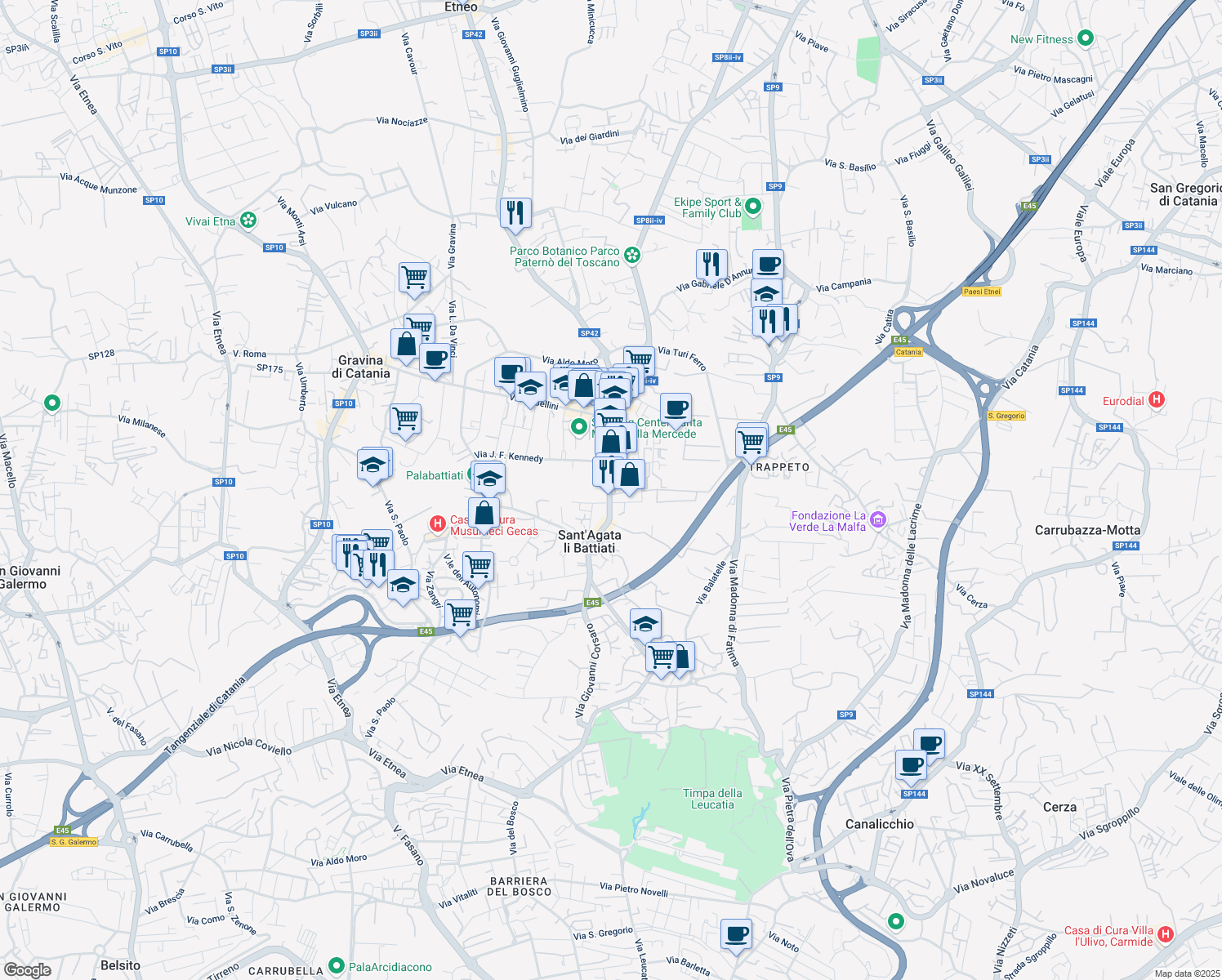 map of restaurants, bars, coffee shops, grocery stores, and more near 45 Via Umberto in Sant'Agata li Battiati